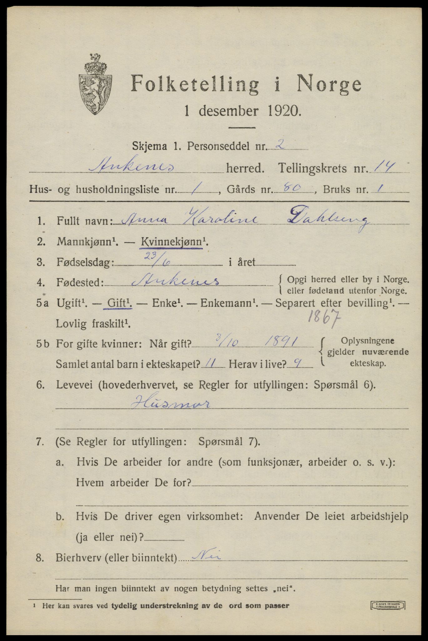 SAT, 1920 census for Ankenes, 1920, p. 6811