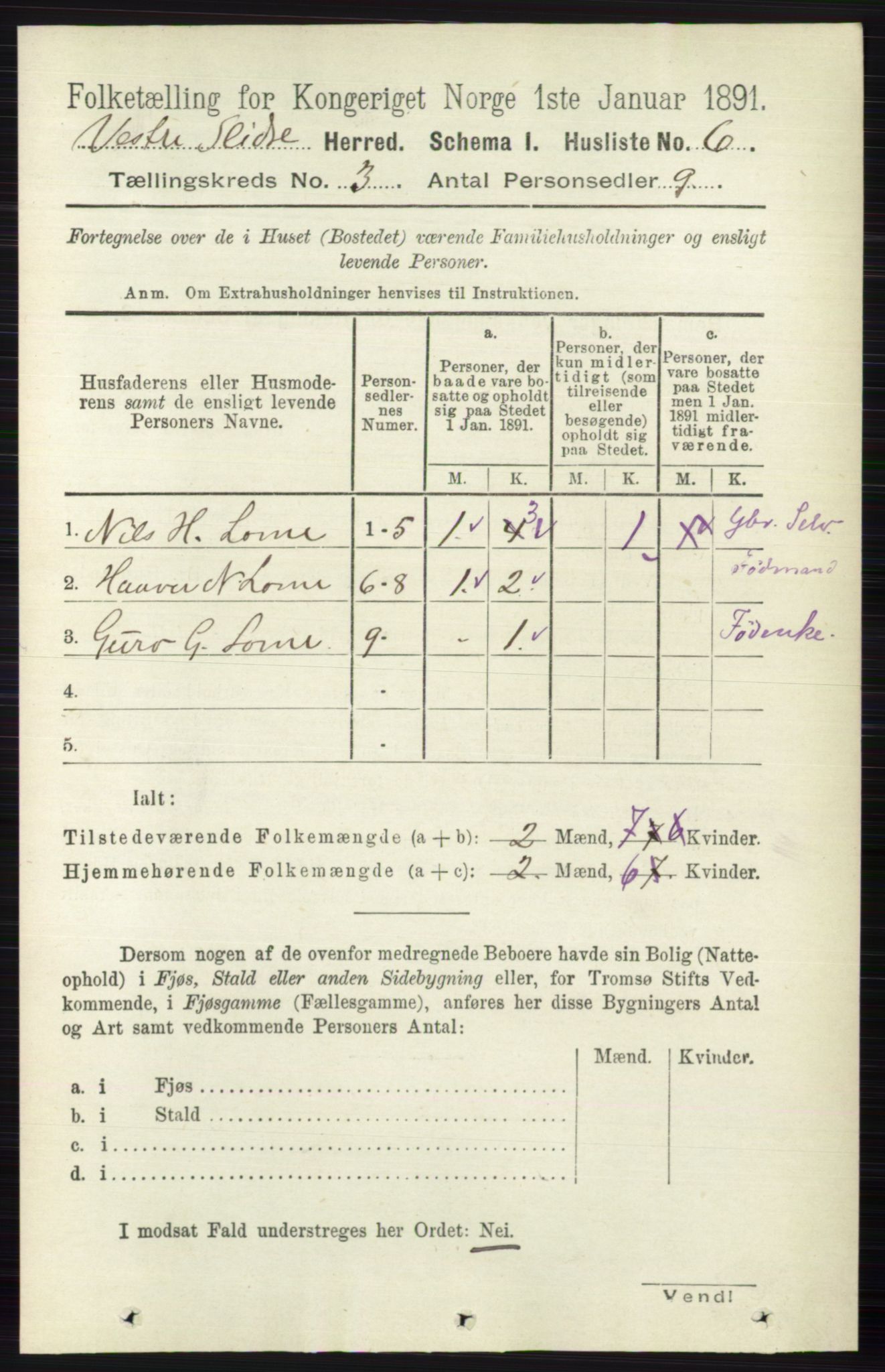 RA, 1891 census for 0543 Vestre Slidre, 1891, p. 769