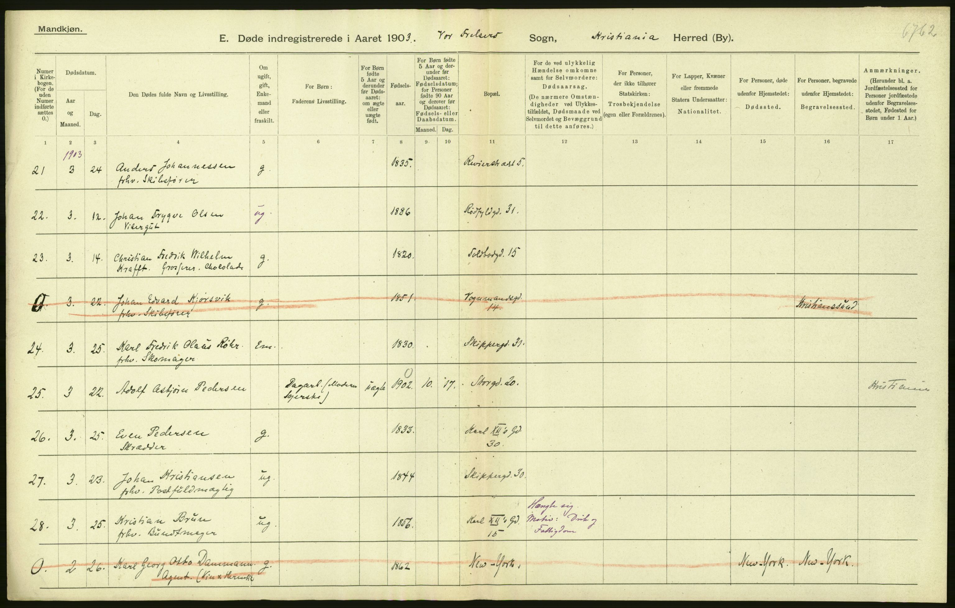 Statistisk sentralbyrå, Sosiodemografiske emner, Befolkning, AV/RA-S-2228/D/Df/Dfa/Dfaa/L0004: Kristiania: Gifte, døde, 1903, p. 106