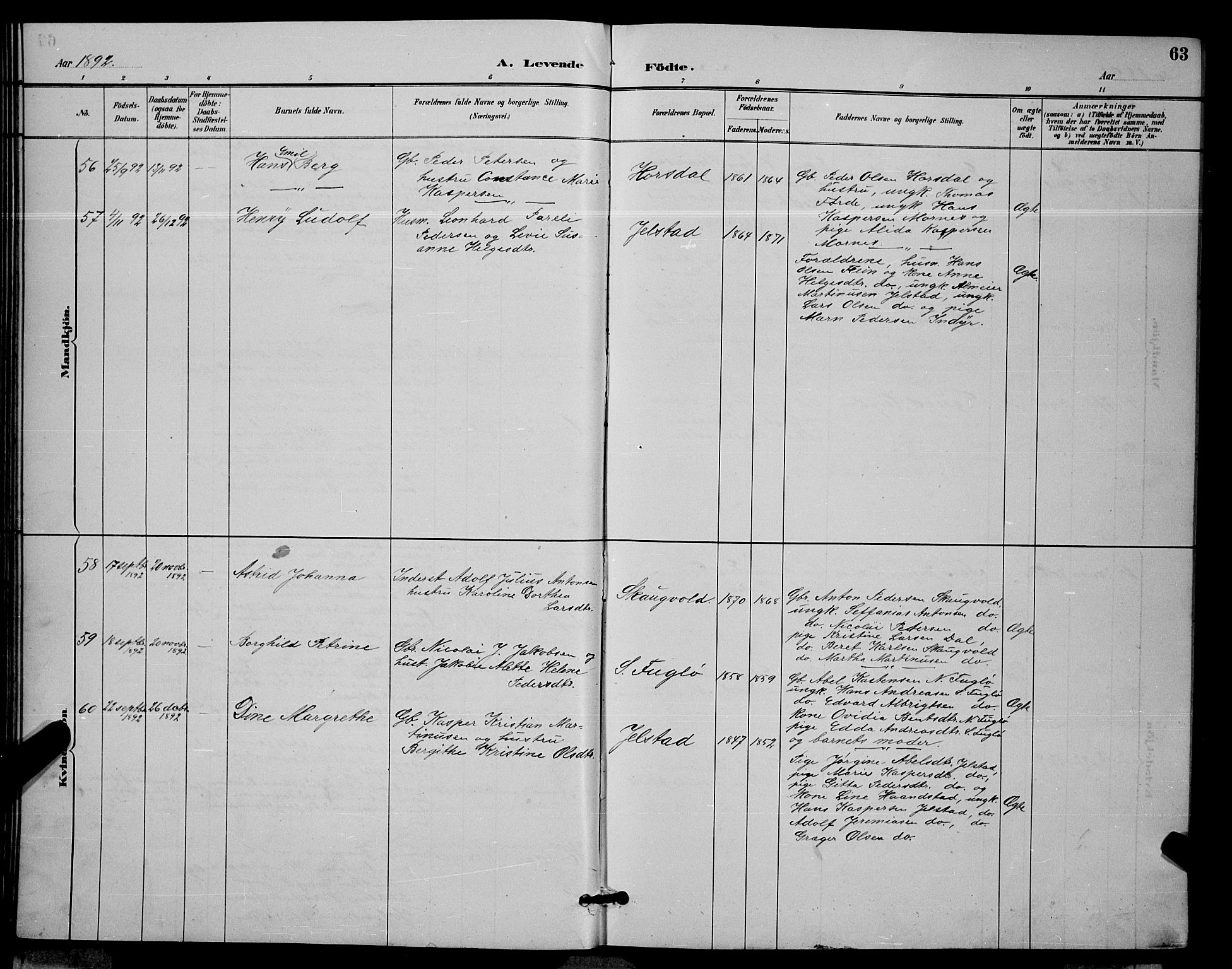 Ministerialprotokoller, klokkerbøker og fødselsregistre - Nordland, AV/SAT-A-1459/805/L0108: Parish register (copy) no. 805C04, 1885-1899, p. 63