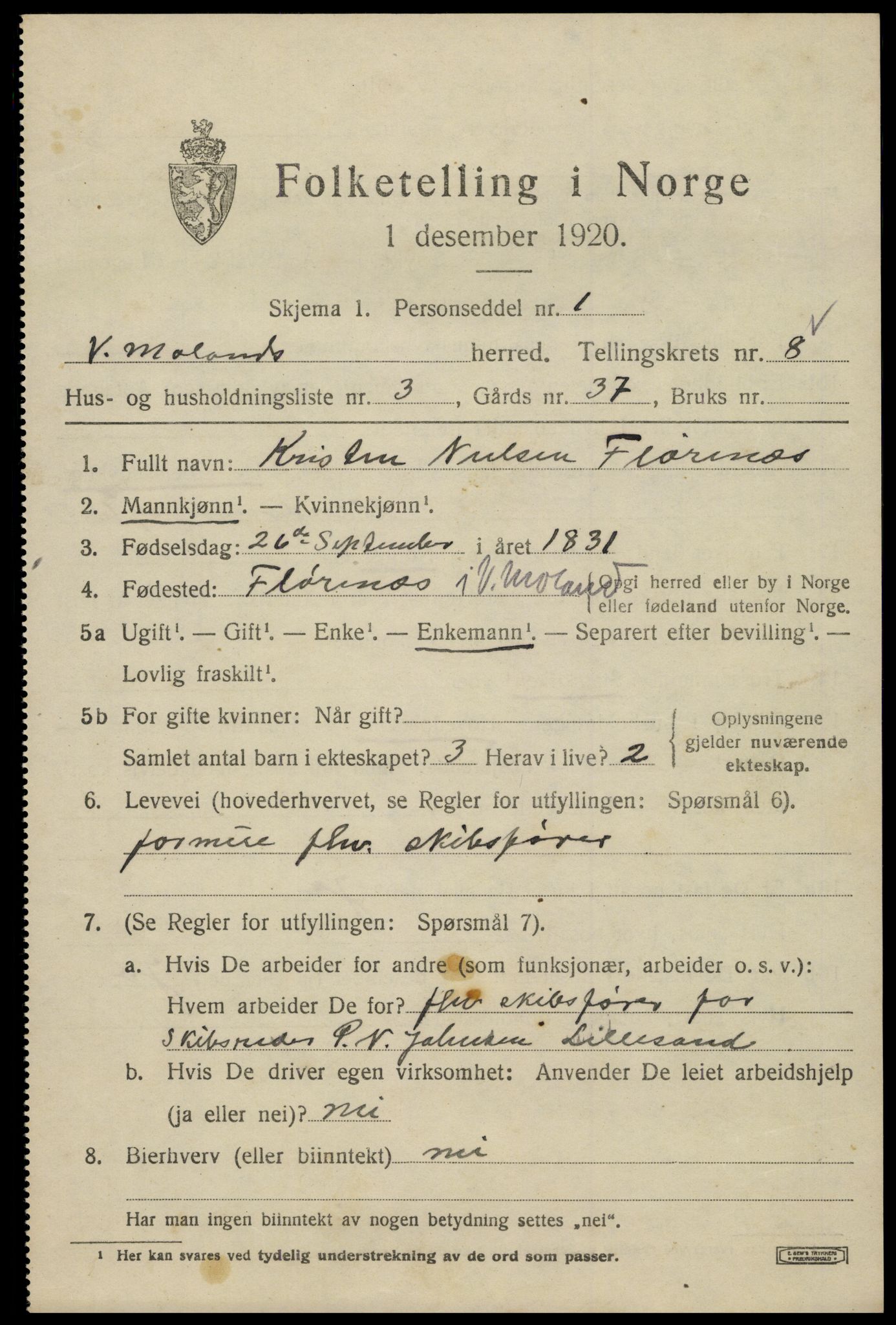 SAK, 1920 census for Vestre Moland, 1920, p. 5229