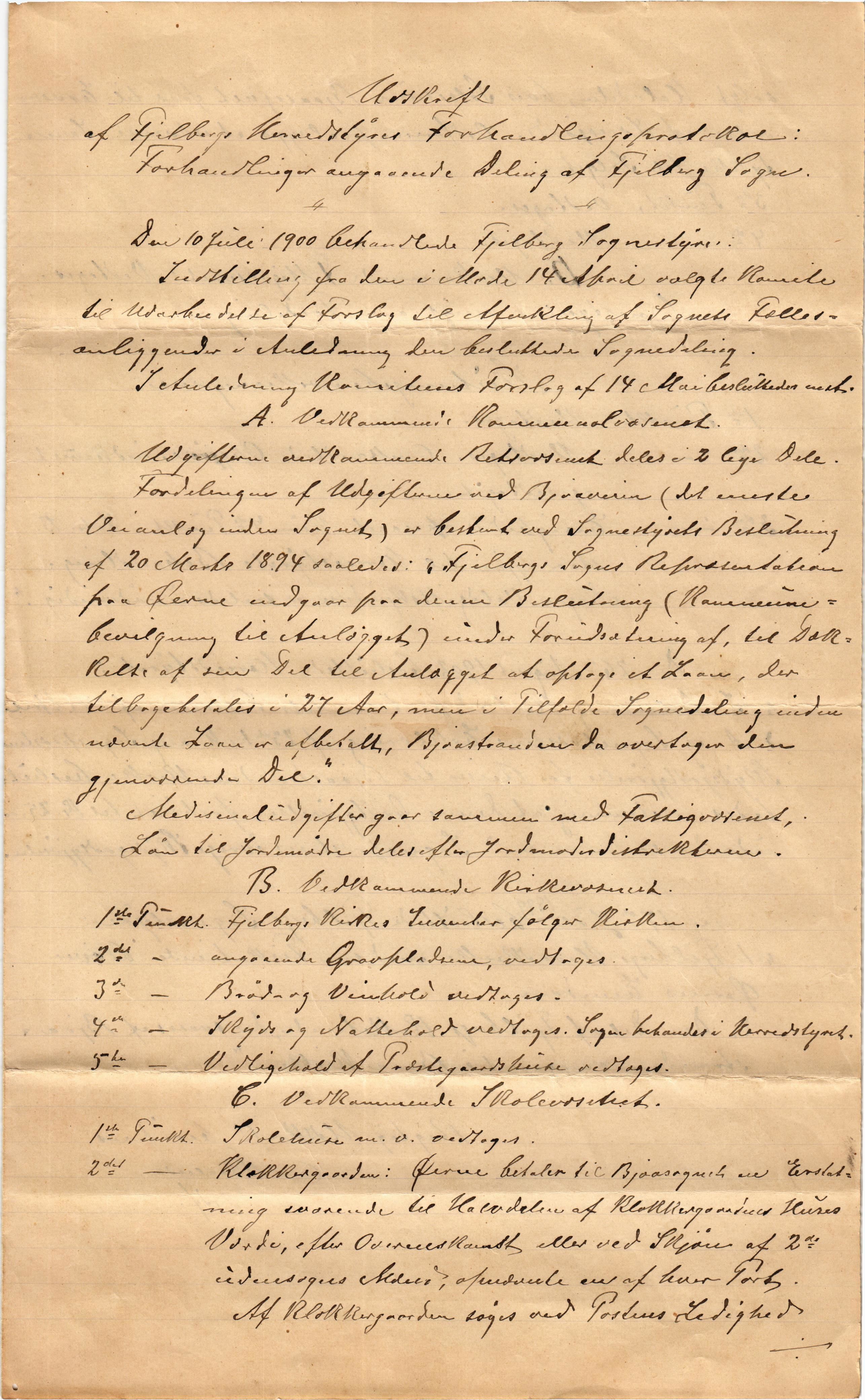 Fjelberg kommune. Formannskapet, IKAH/1213-021/E/Ea/L0002/0002: Deling. Prestegjeld. Sokner / Fråskiljing av Bjostrand sokn. Avvikling. Oppgjer, 1889-1903