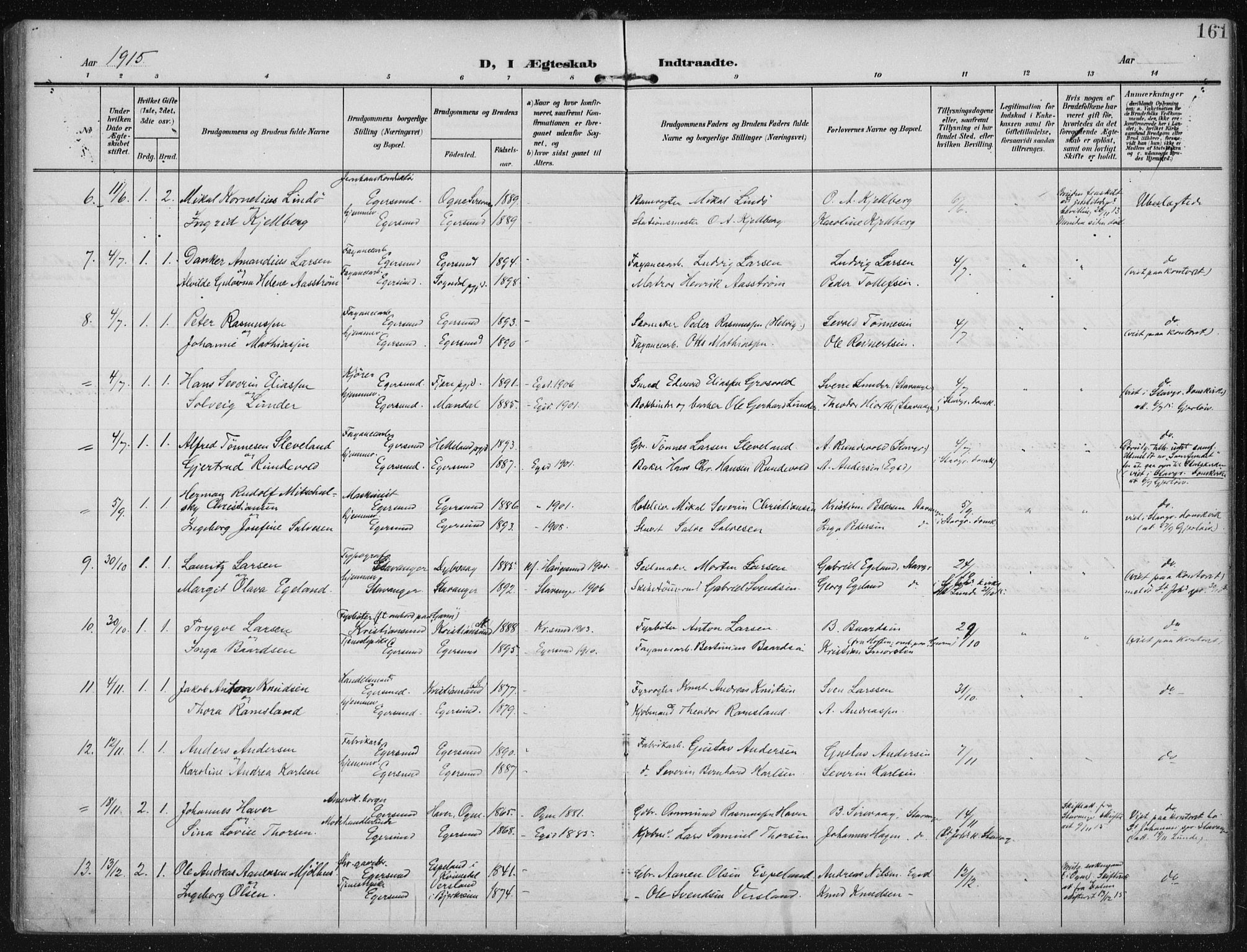Eigersund sokneprestkontor, AV/SAST-A-101807/001/30/30BA/L0022: Parish register (official) no. A 21, 1905-1928, p. 161