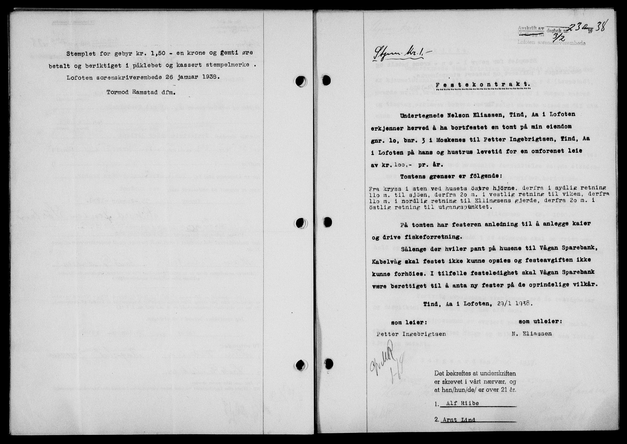 Lofoten sorenskriveri, SAT/A-0017/1/2/2C/L0003a: Mortgage book no. 3a, 1937-1938, Diary no: : 230/1938
