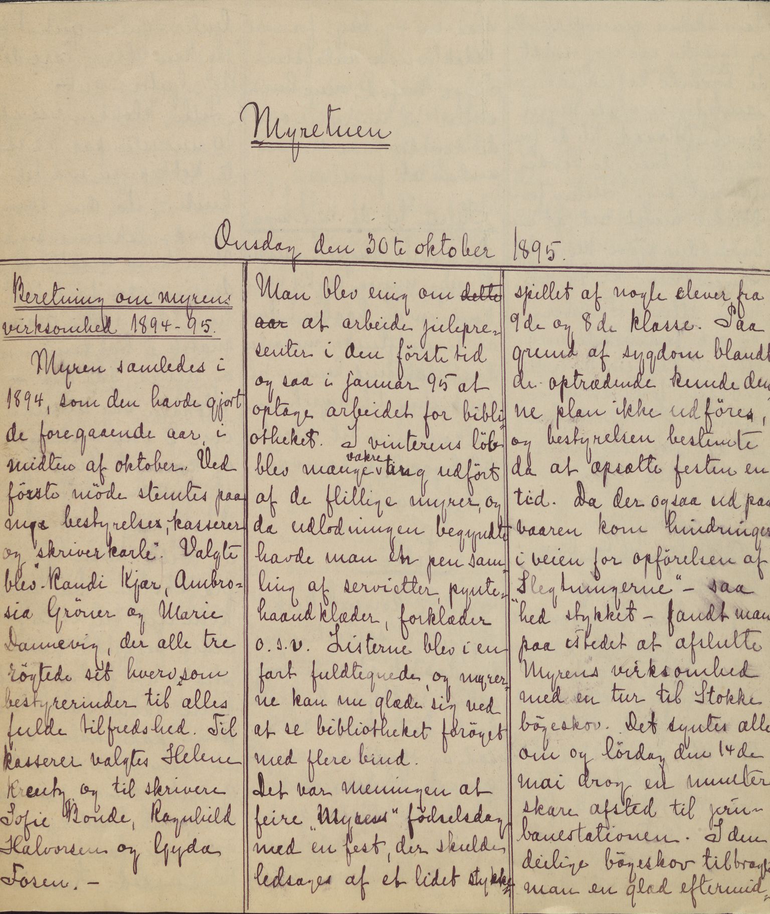 Pa 164 - Greveskogen videregående skole. Elevforeningen Myrene, VEMU/A-1216/F/L0001: Elevavis, 1895-1910