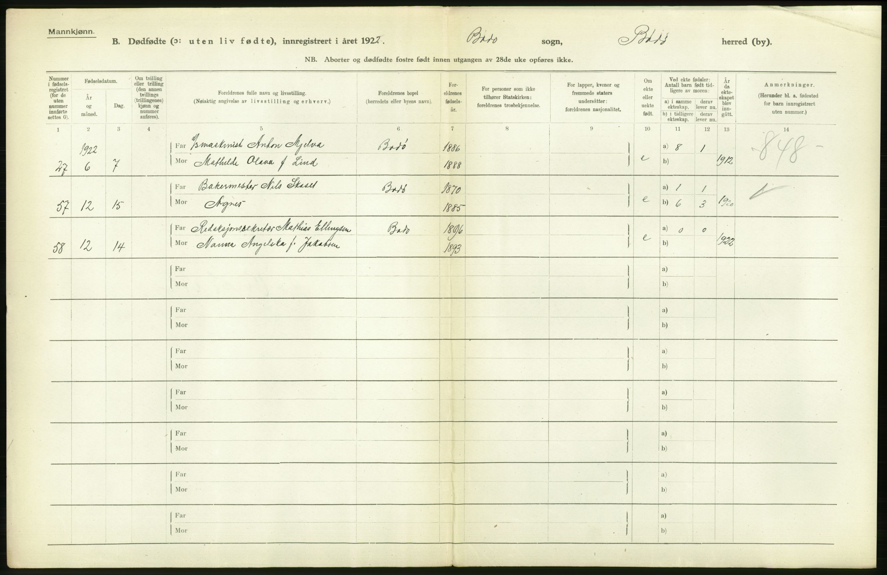 Statistisk sentralbyrå, Sosiodemografiske emner, Befolkning, AV/RA-S-2228/D/Df/Dfc/Dfcb/L0045: Nordland fylke: Gifte, dødfødte. Bygder og byer., 1922, p. 300