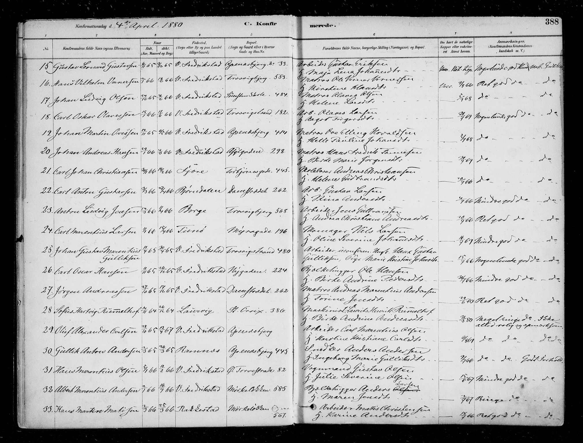 Fredrikstad domkirkes prestekontor Kirkebøker, AV/SAO-A-10906/F/Fa/L0004: Parish register (official) no. 4, 1878-1907, p. 388
