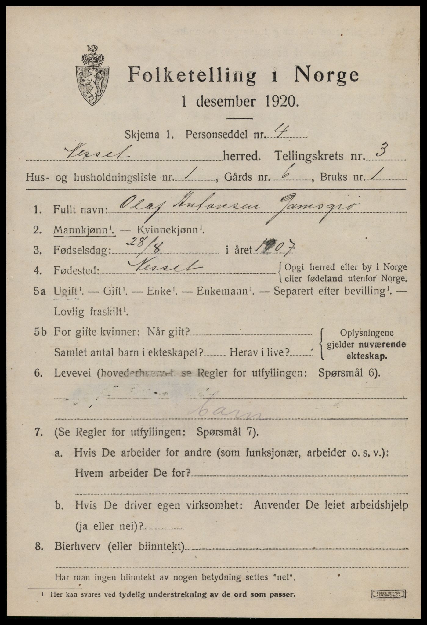 SAT, 1920 census for Nesset, 1920, p. 1296