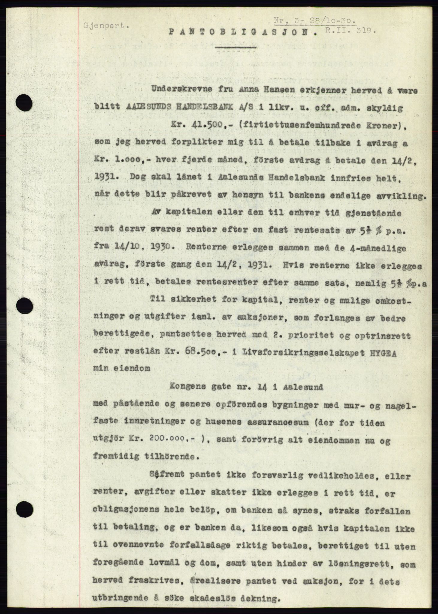 Ålesund byfogd, AV/SAT-A-4384: Mortgage book no. 26, 1930-1930, Deed date: 28.10.1930