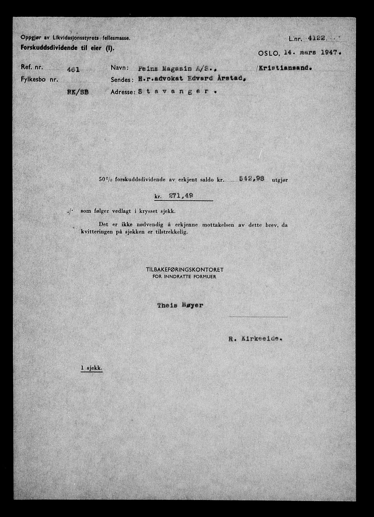Justisdepartementet, Tilbakeføringskontoret for inndratte formuer, AV/RA-S-1564/H/Hc/Hcd/L0995: --, 1945-1947, p. 296
