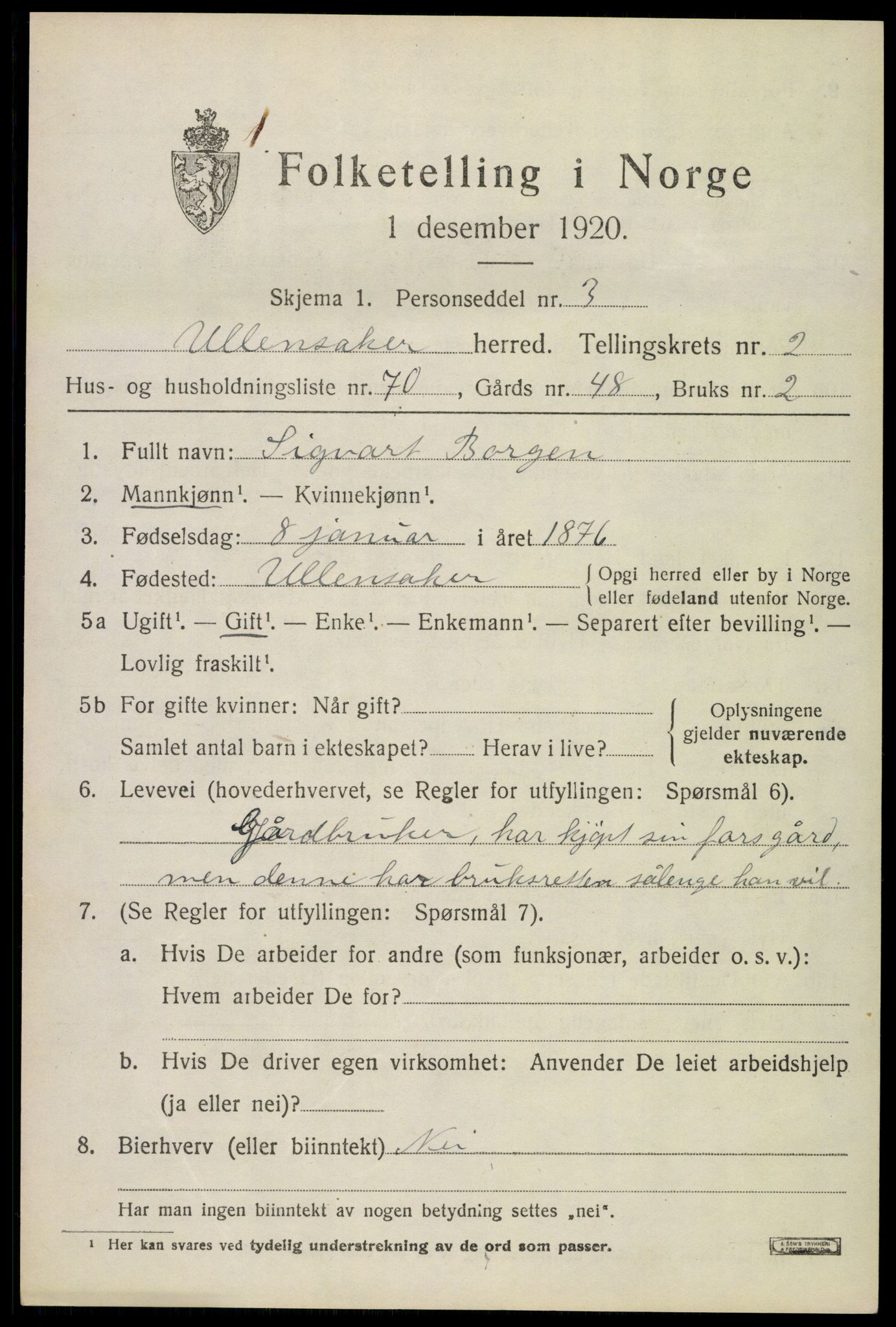 SAO, 1920 census for Ullensaker, 1920, p. 5507
