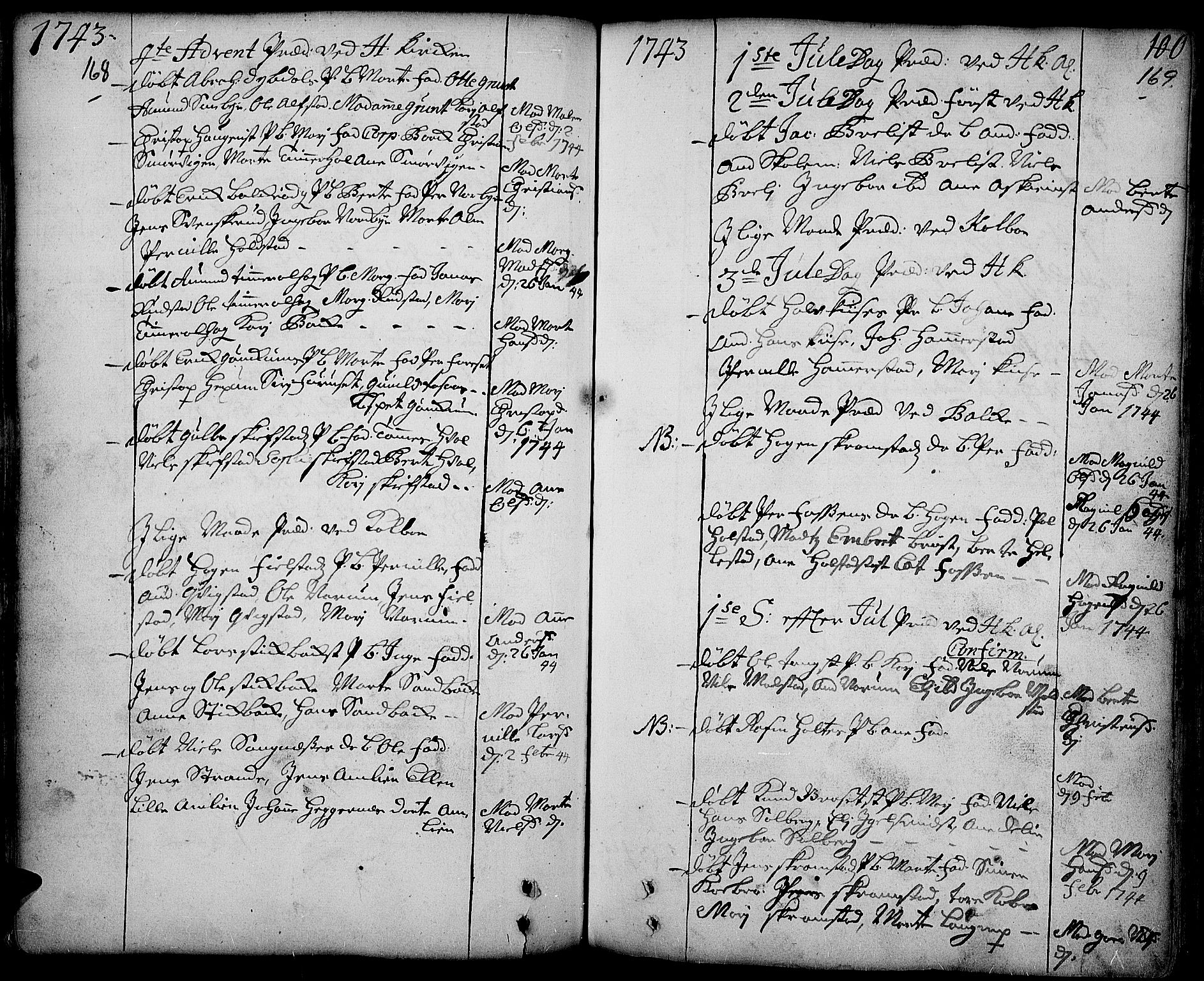 Toten prestekontor, SAH/PREST-102/H/Ha/Haa/L0003: Parish register (official) no. 3, 1734-1751, p. 168-169