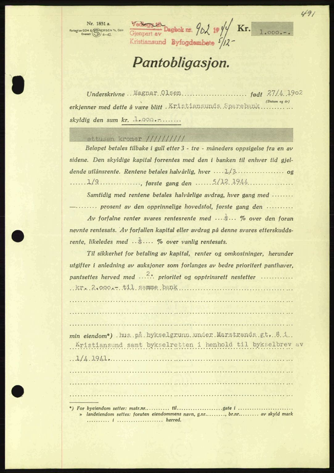 Kristiansund byfogd, SAT/A-4587/A/27: Mortgage book no. 37-38, 1943-1945, Diary no: : 902/1944