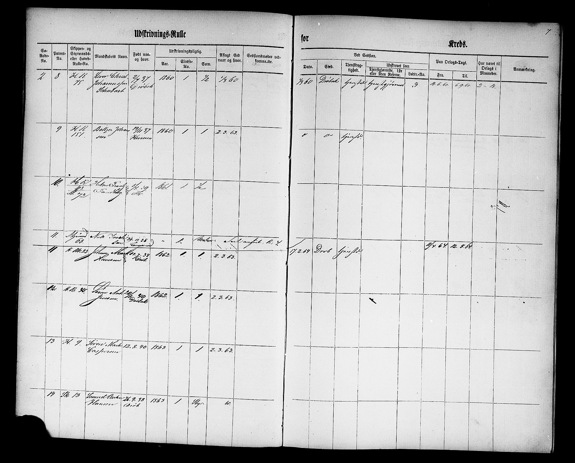 Drøbak mønstringskontor, SAO/A-10569f/F/Fc/Fcc/L0001: Utskrivningsrulle, 1860, p. 7