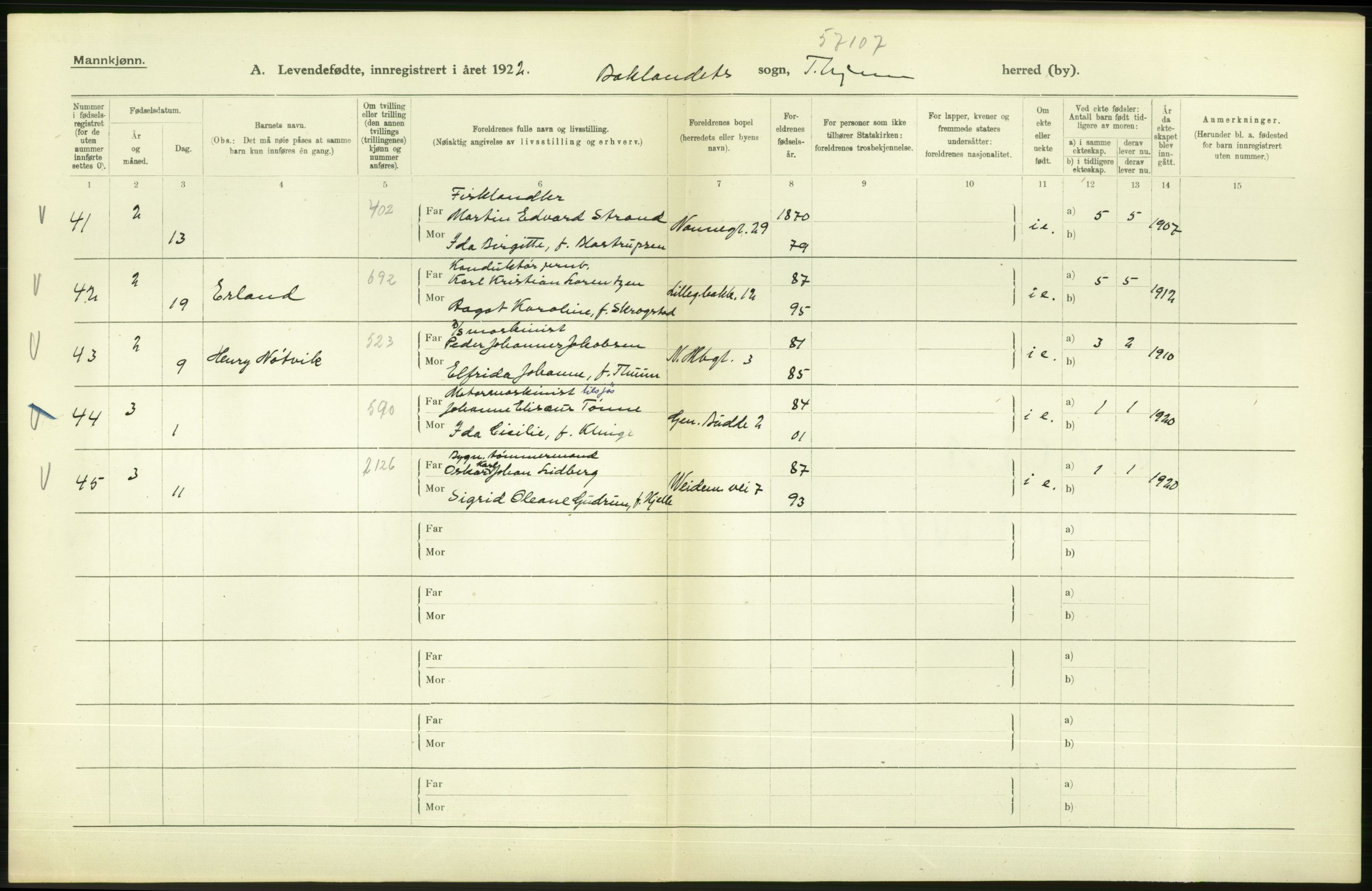 Statistisk sentralbyrå, Sosiodemografiske emner, Befolkning, AV/RA-S-2228/D/Df/Dfc/Dfcb/L0039: Trondheim: Levendefødte menn og kvinner., 1922, p. 38