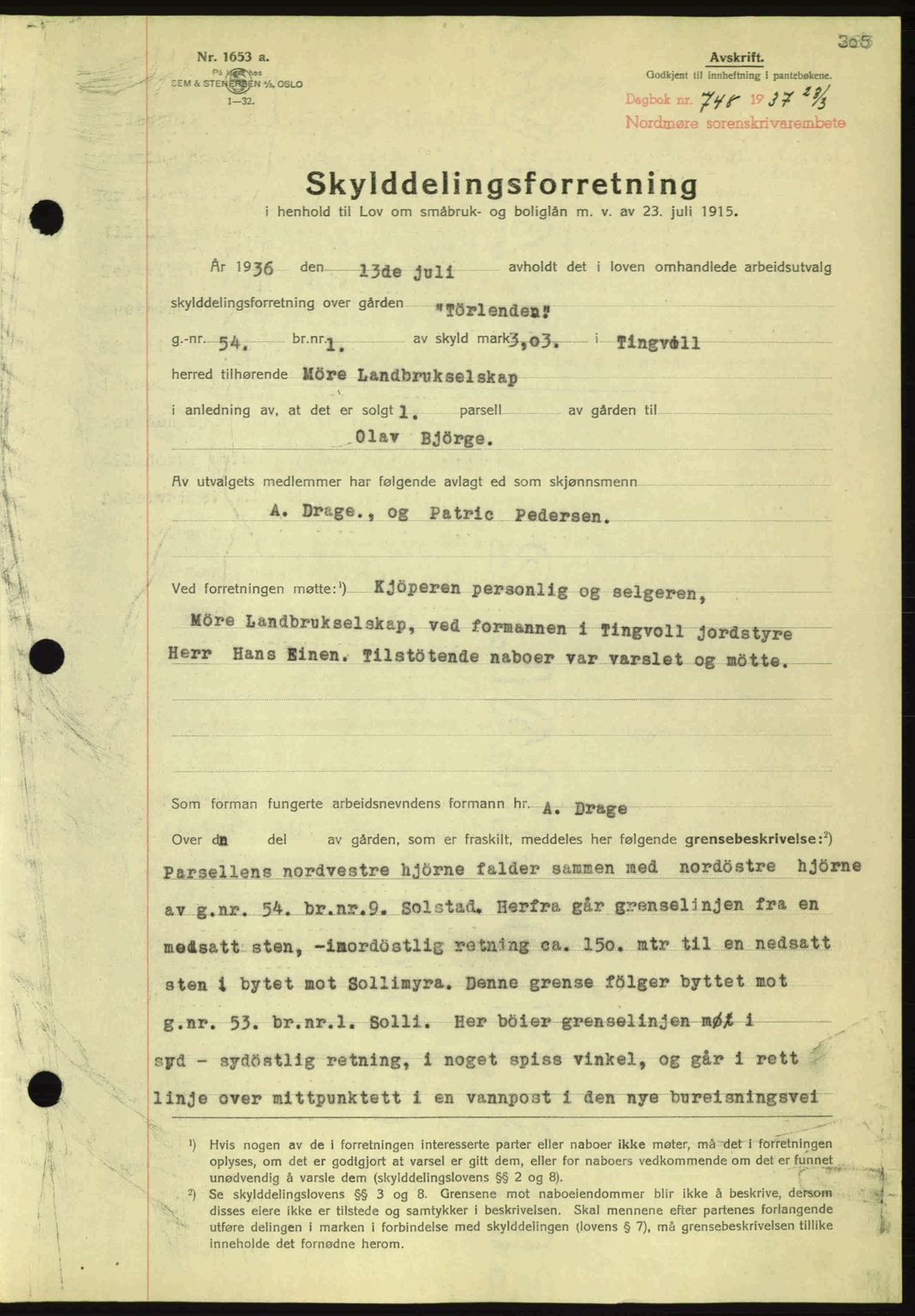 Nordmøre sorenskriveri, AV/SAT-A-4132/1/2/2Ca: Mortgage book no. A81, 1937-1937, Diary no: : 748/1937