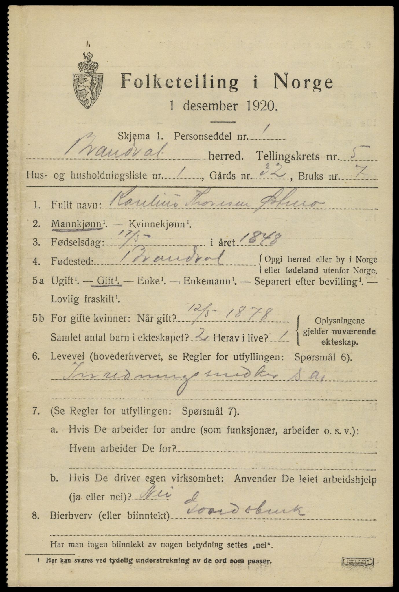 SAH, 1920 census for Brandval, 1920, p. 4372