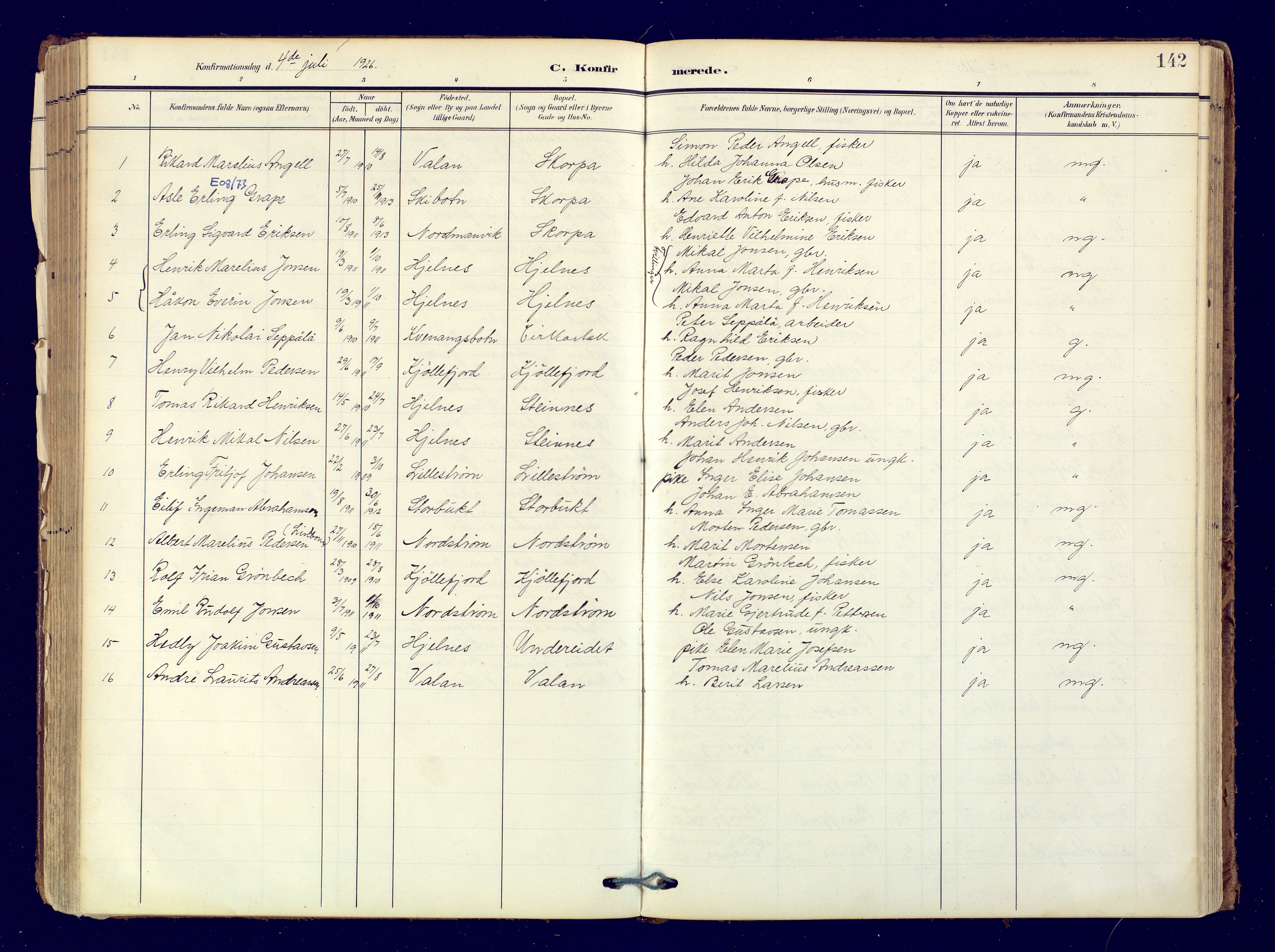 Skjervøy sokneprestkontor, SATØ/S-1300/H/Ha/Haa: Parish register (official) no. 19, 1908-1936, p. 142