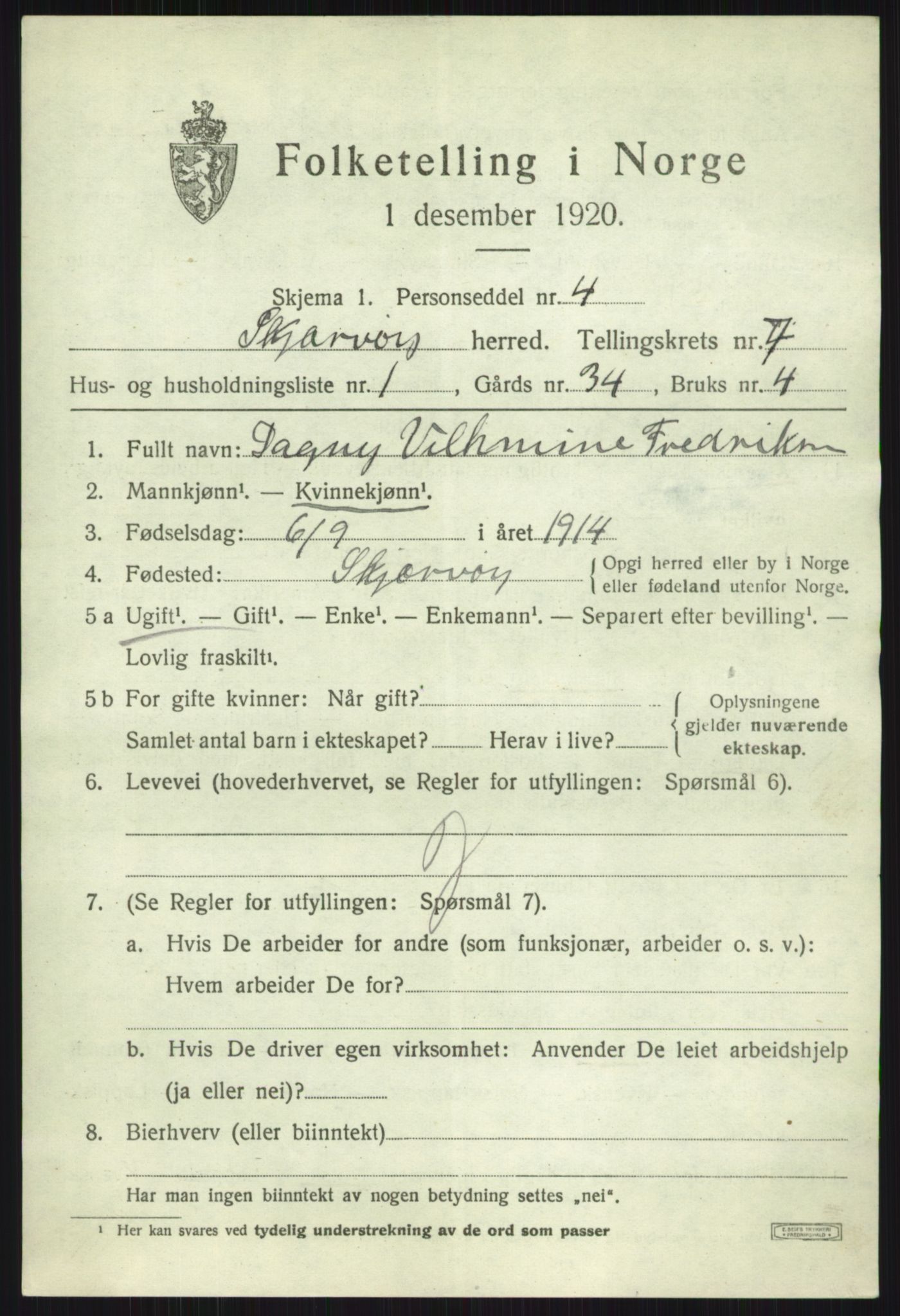 SATØ, 1920 census for Skjervøy, 1920, p. 4289