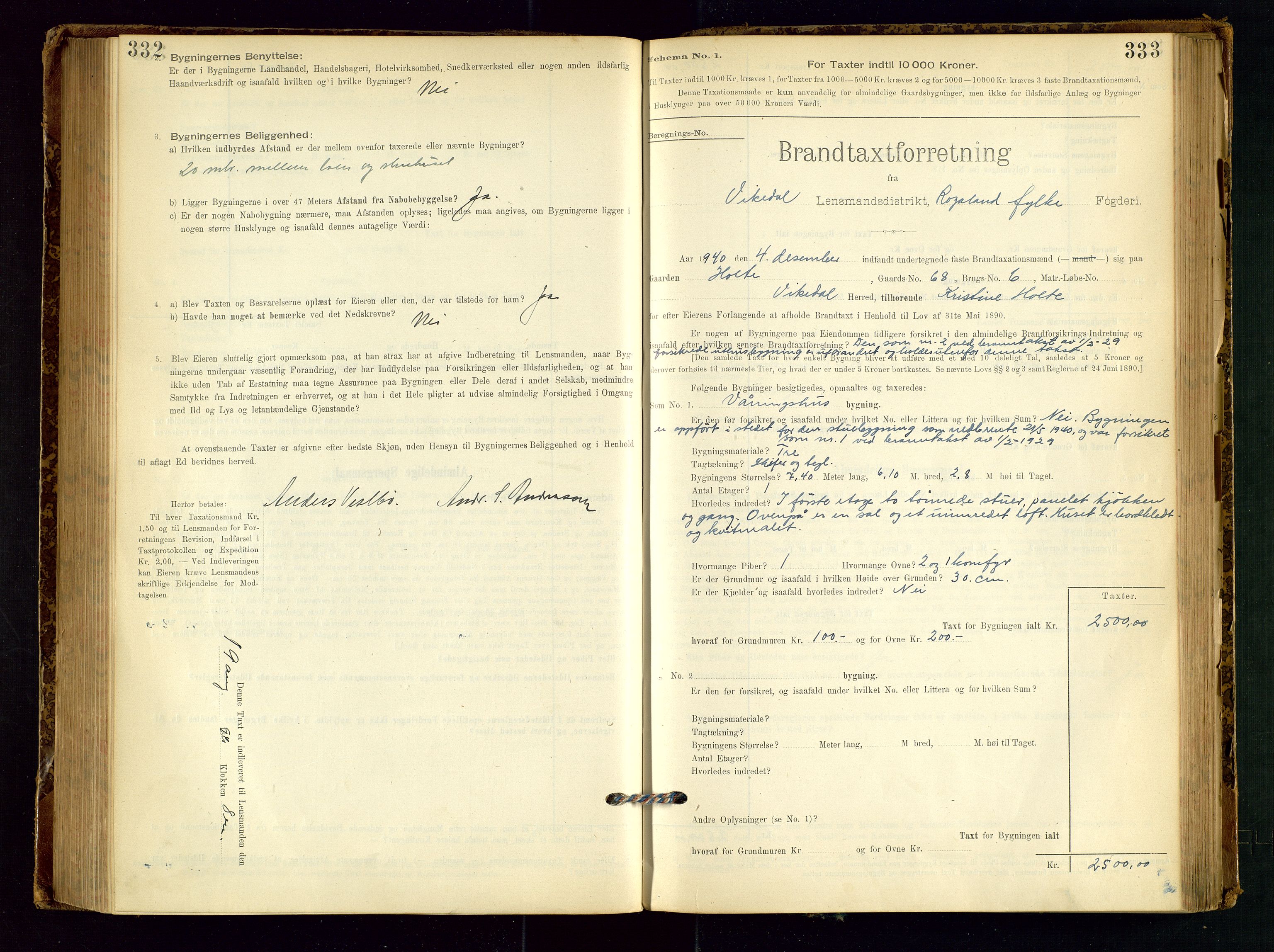 Vikedal lensmannskontor, SAST/A-100179/Gob/L0004: Branntakstprotokoll, 1894-1952, p. 332-333