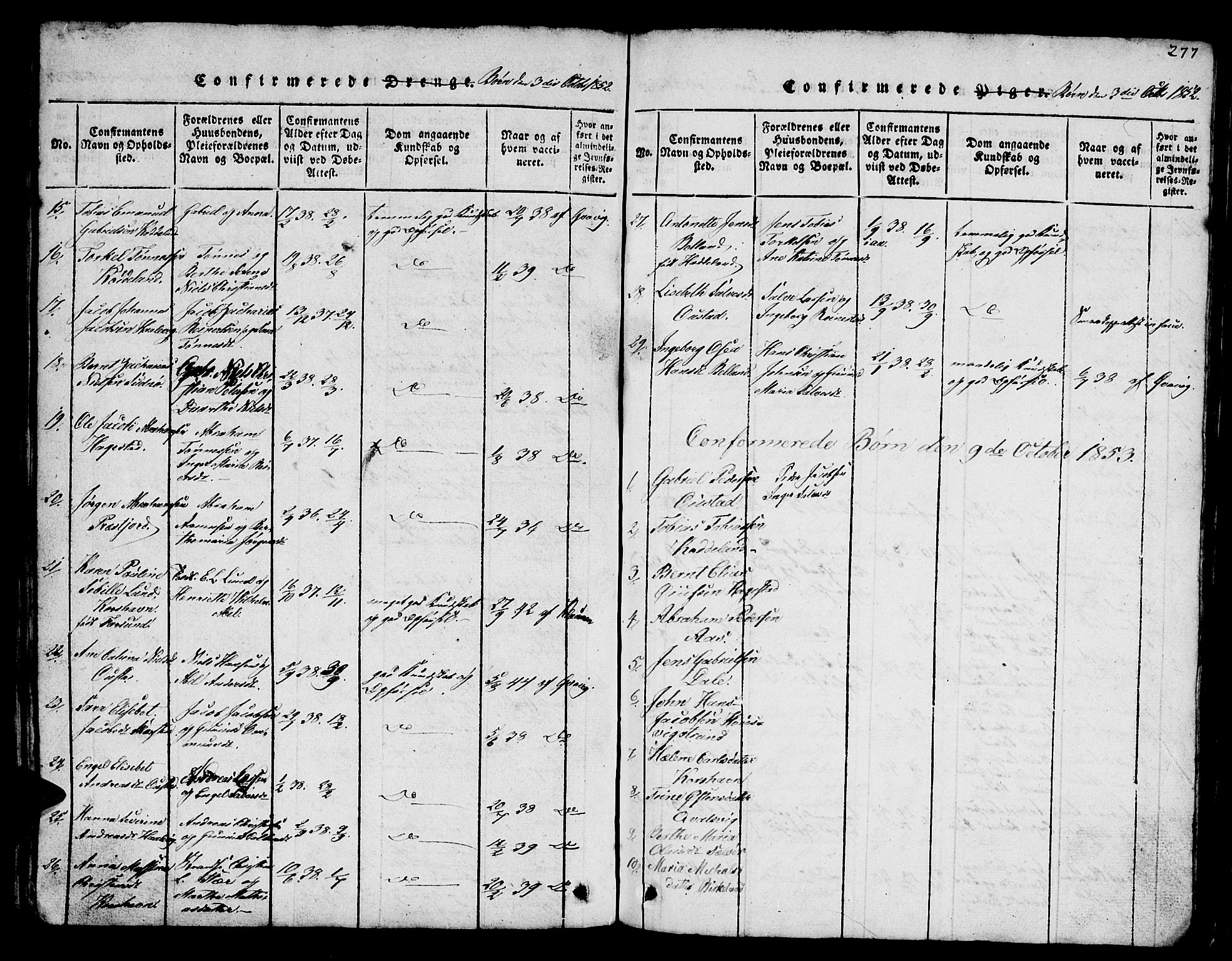 Lyngdal sokneprestkontor, SAK/1111-0029/F/Fb/Fba/L0001: Parish register (copy) no. B 1, 1816-1876, p. 277