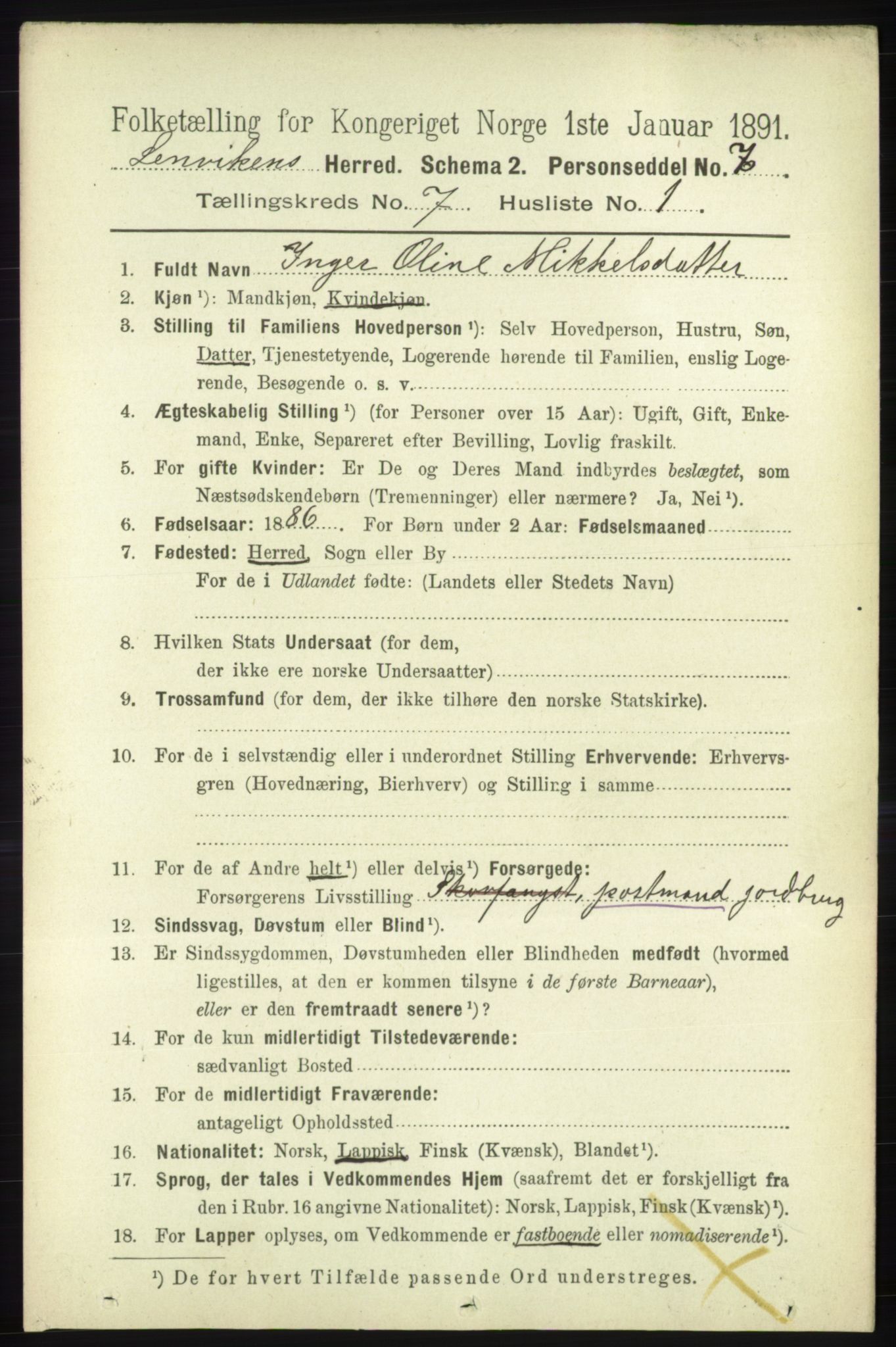 RA, 1891 census for 1931 Lenvik, 1891, p. 3789