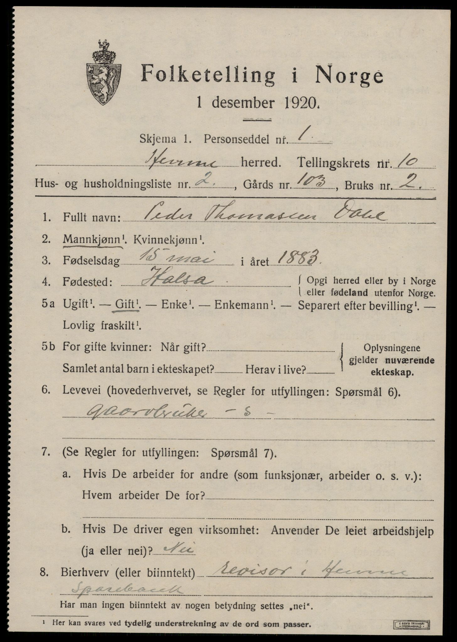 SAT, 1920 census for Hemne, 1920, p. 6130