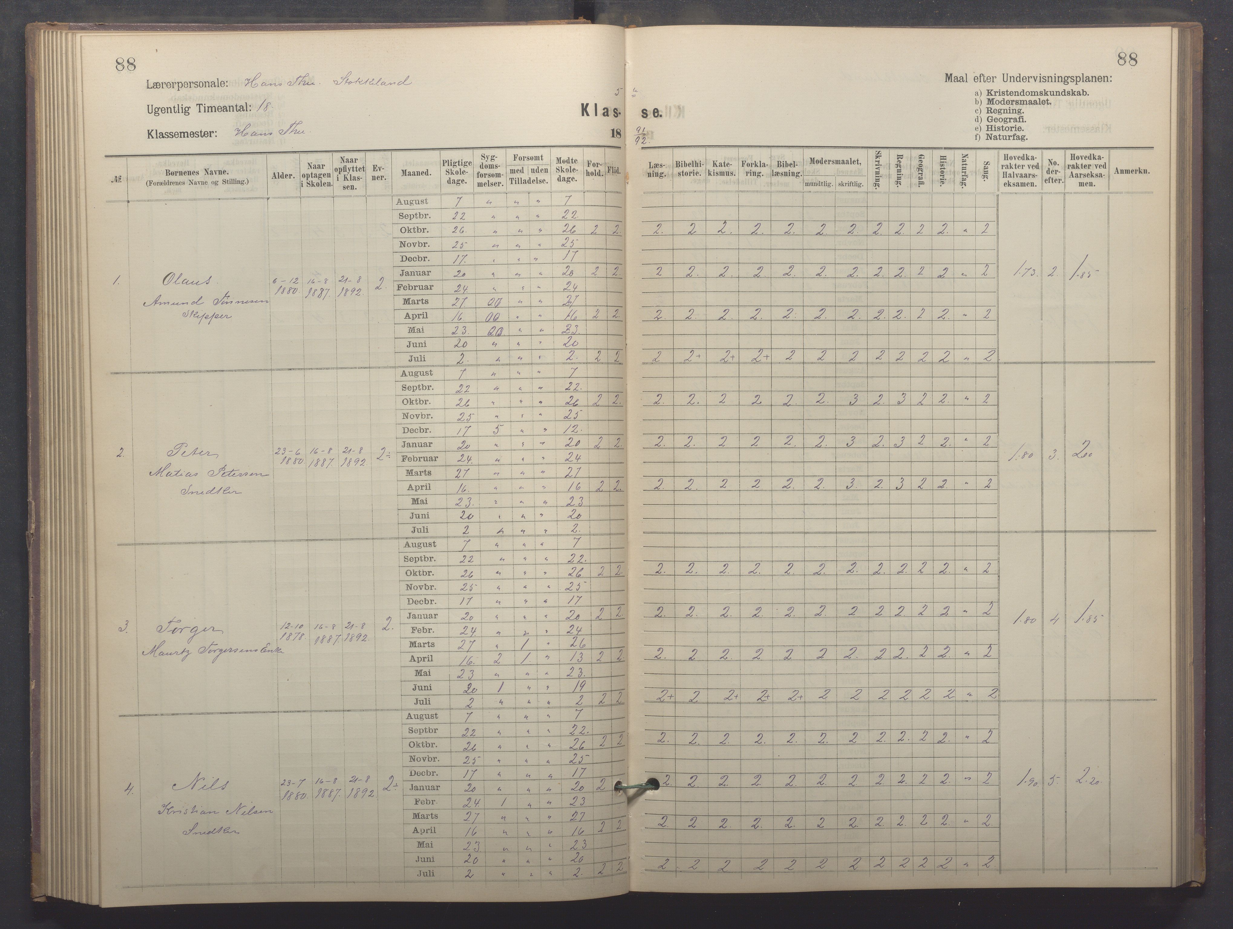 Egersund kommune (Ladested) - Egersund almueskole/folkeskole, IKAR/K-100521/H/L0022: Skoleprotokoll - Almueskolen, 5. klasse, 1886-1892, p. 88