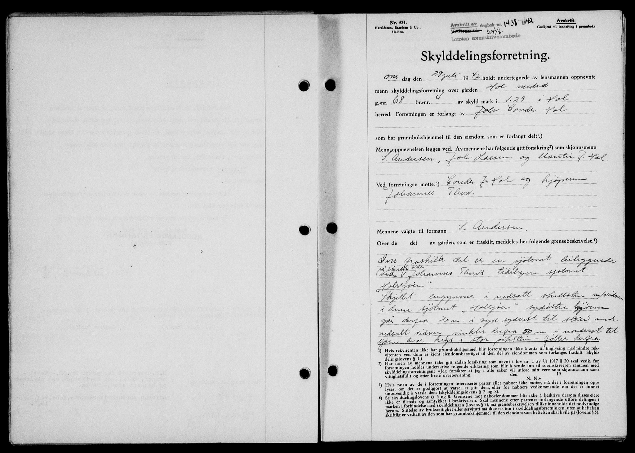 Lofoten sorenskriveri, SAT/A-0017/1/2/2C/L0010a: Mortgage book no. 10a, 1942-1943, Diary no: : 1438/1942