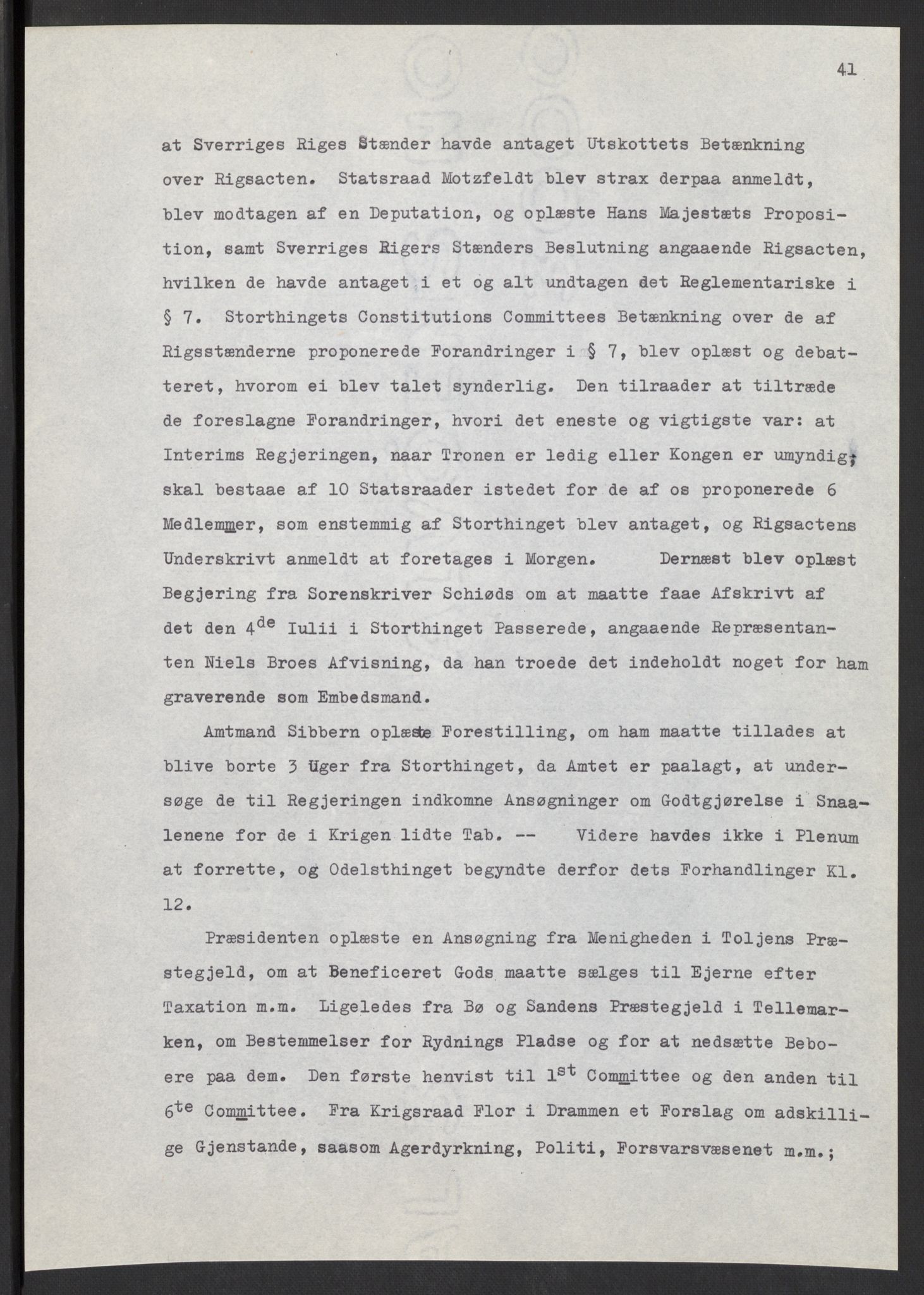 Manuskriptsamlingen, AV/RA-EA-3667/F/L0197: Wetlesen, Hans Jørgen (stortingsmann, ingeniørkaptein); Referat fra Stortinget 1815-1816, 1815-1816, p. 41