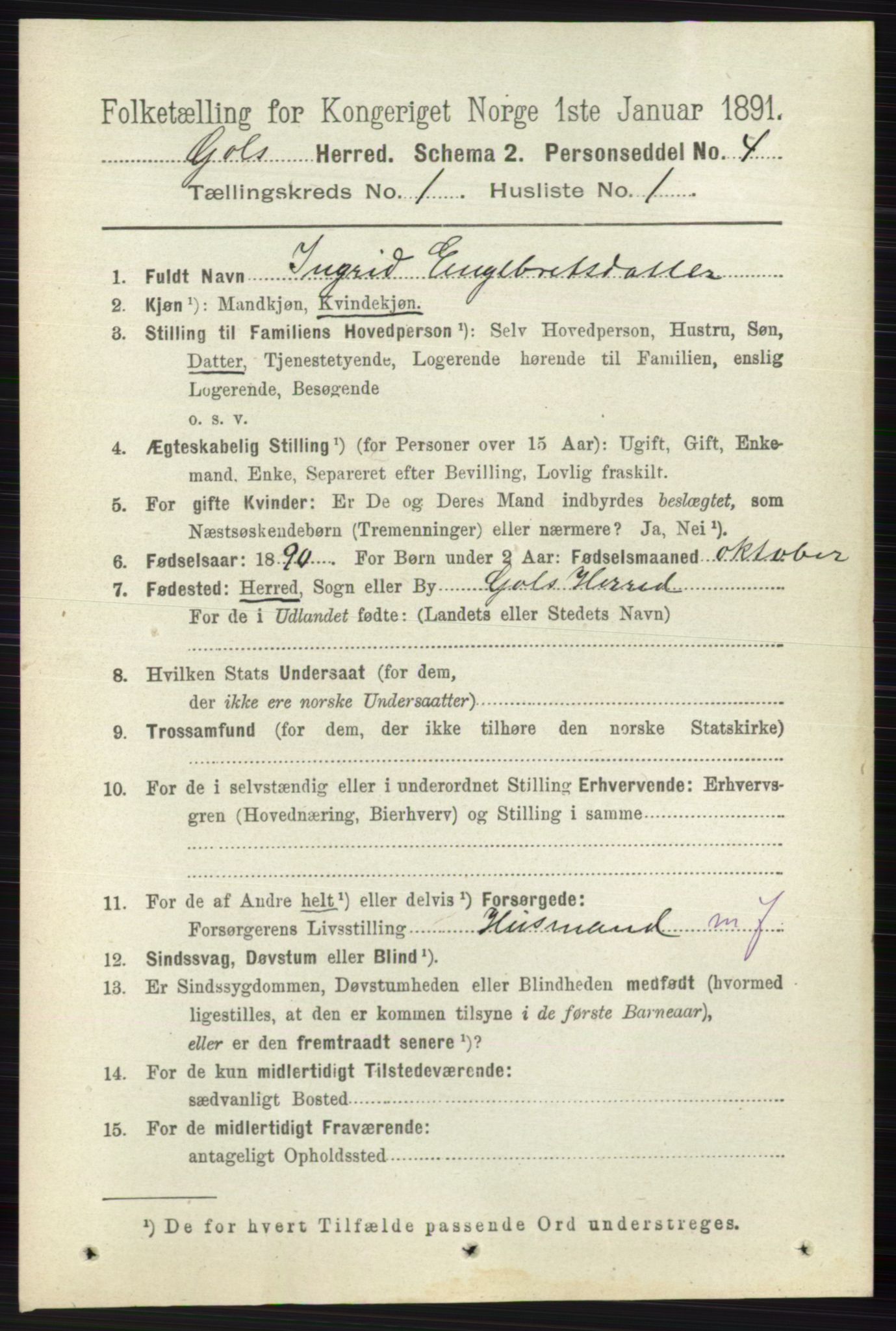 RA, 1891 census for 0617 Gol og Hemsedal, 1891, p. 129