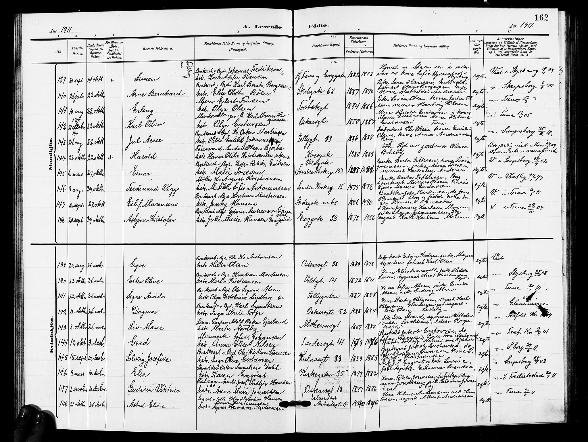 Sarpsborg prestekontor Kirkebøker, AV/SAO-A-2006/G/Ga/L0001: Parish register (copy) no. 1, 1902-1911, p. 162