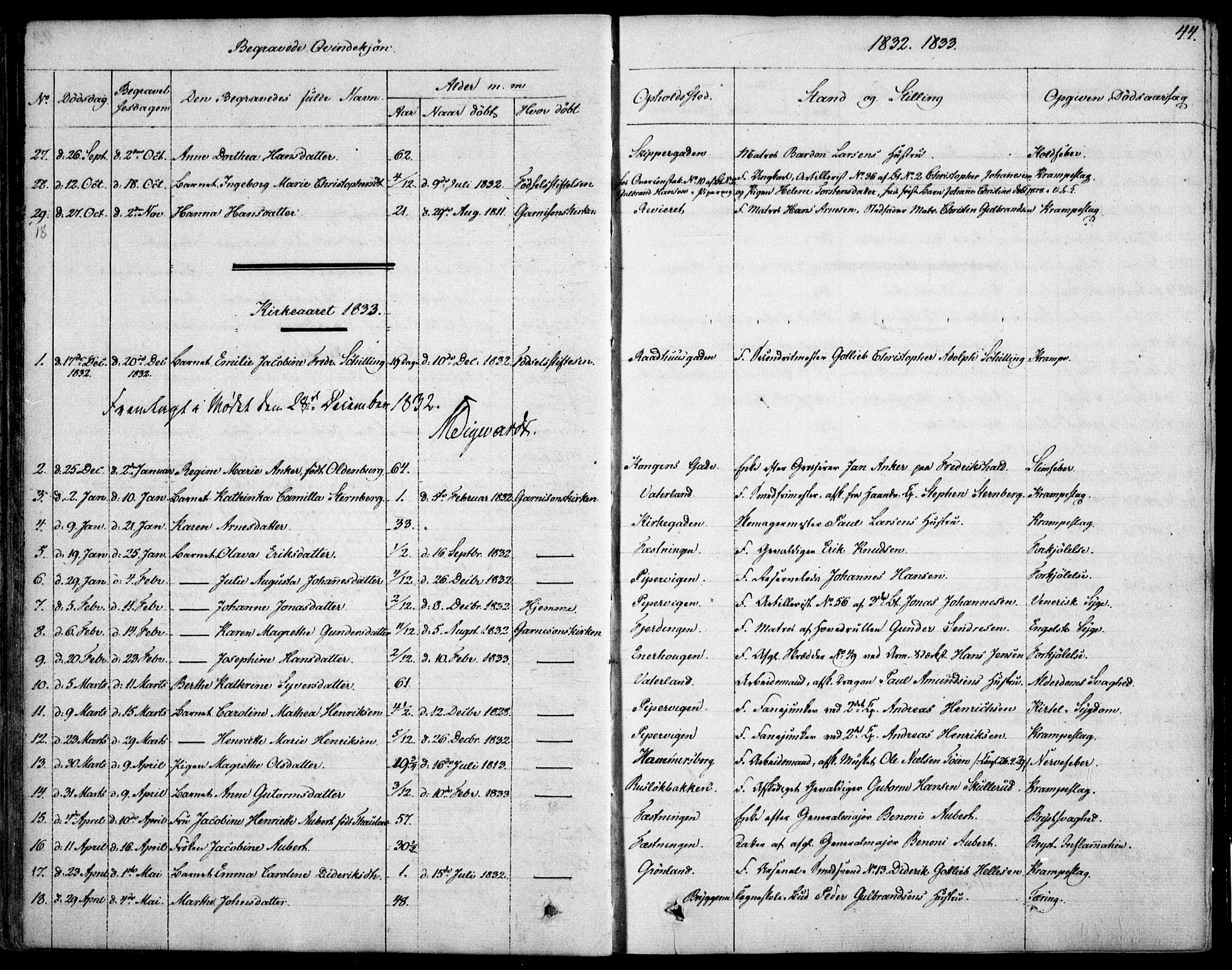 Garnisonsmenigheten Kirkebøker, SAO/A-10846/F/Fa/L0007: Parish register (official) no. 7, 1828-1881, p. 44