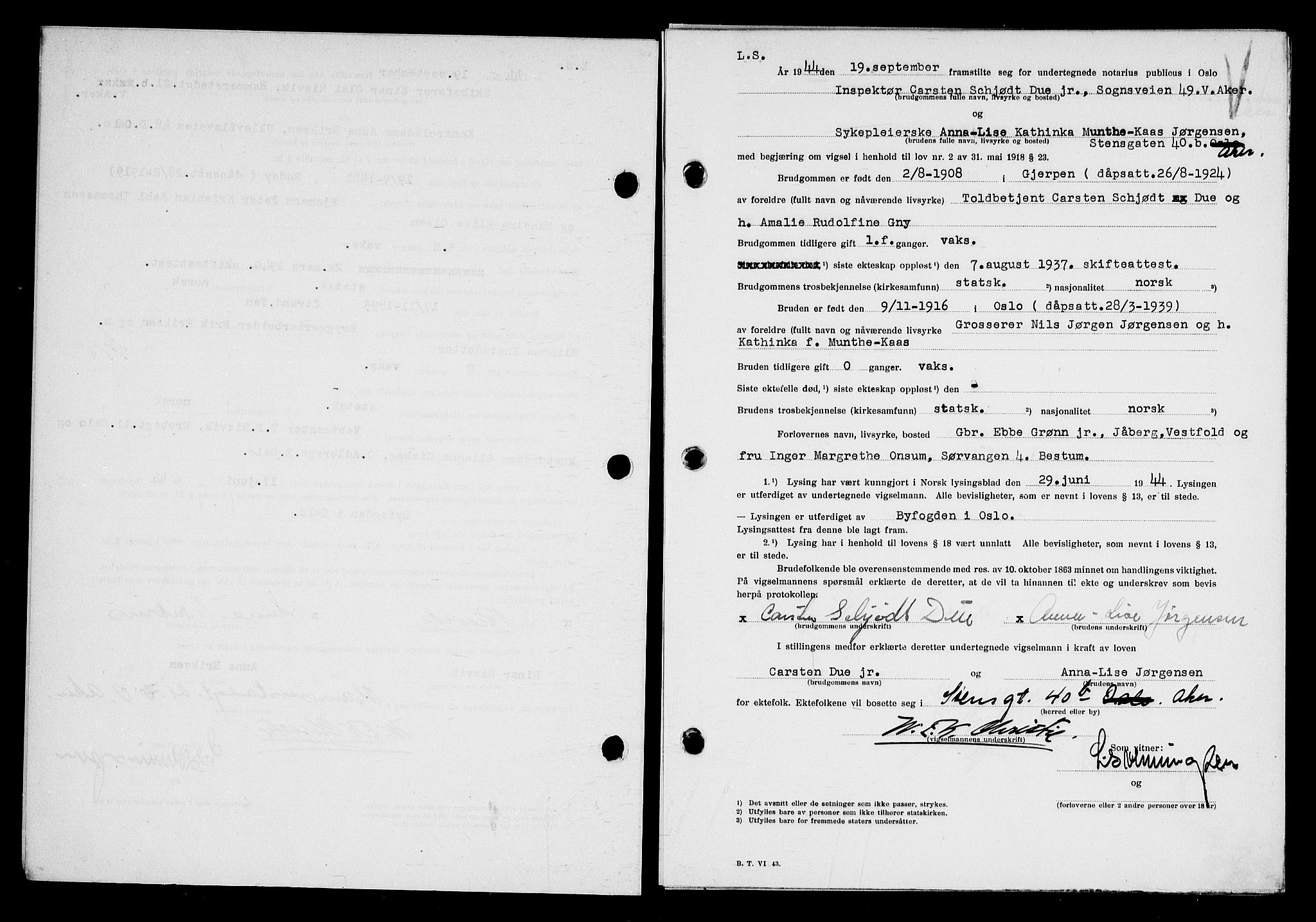 Oslo byfogd avd. I, AV/SAO-A-10220/L/Lb/Lbb/L0051: Notarialprotokoll, rekke II: Vigsler, 1944