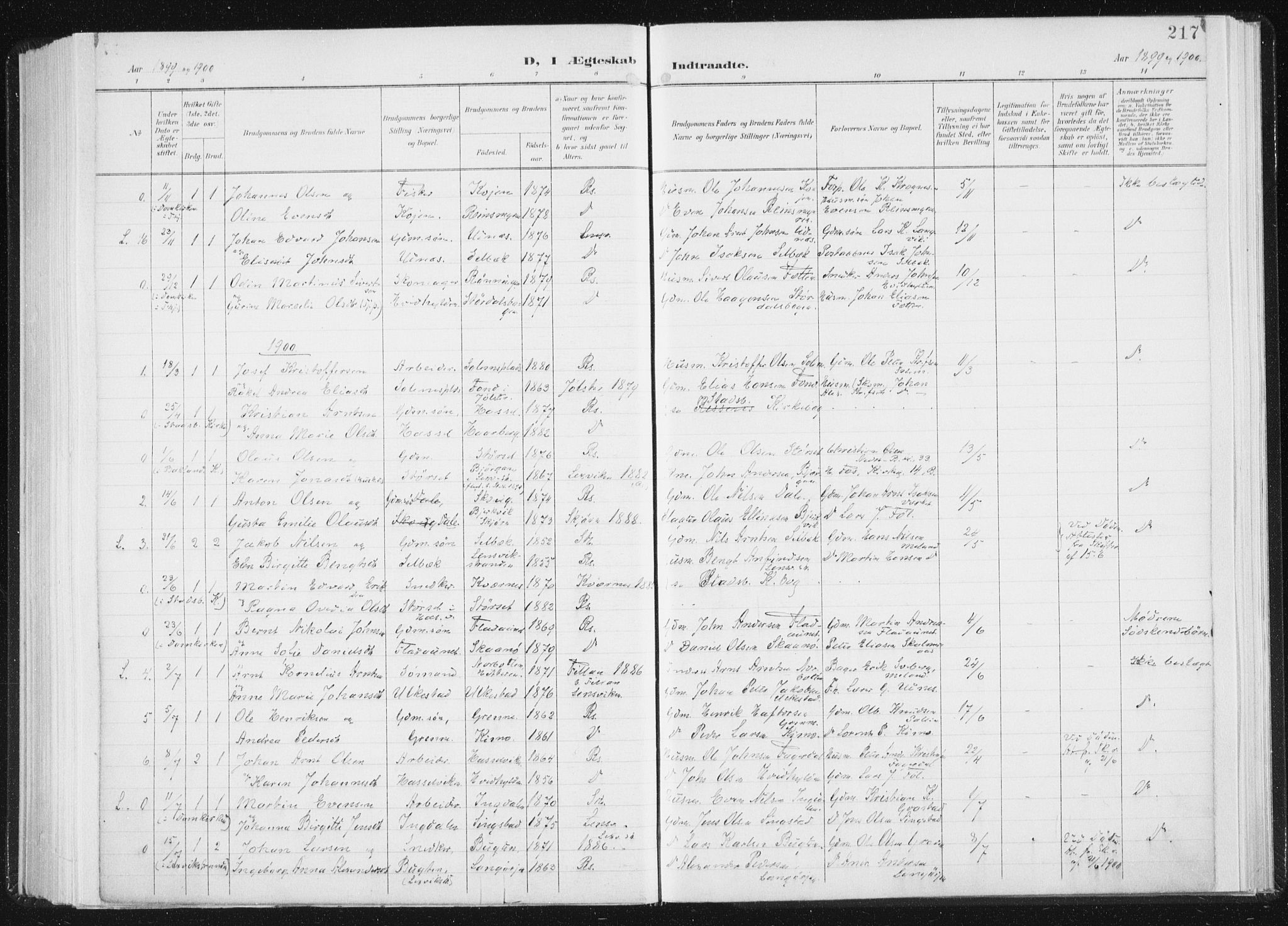 Ministerialprotokoller, klokkerbøker og fødselsregistre - Sør-Trøndelag, AV/SAT-A-1456/647/L0635: Parish register (official) no. 647A02, 1896-1911, p. 217