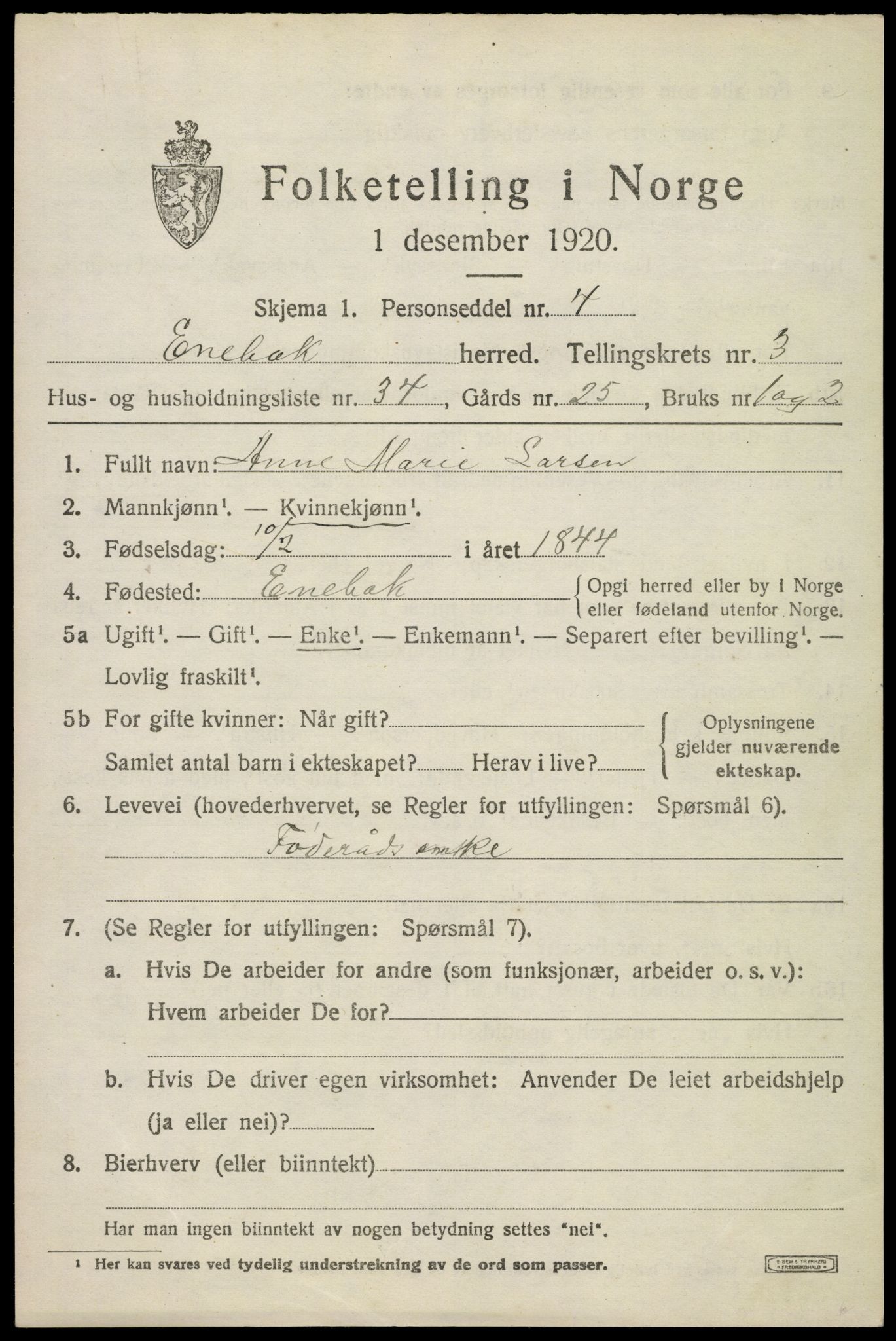 SAO, 1920 census for Enebakk, 1920, p. 3127