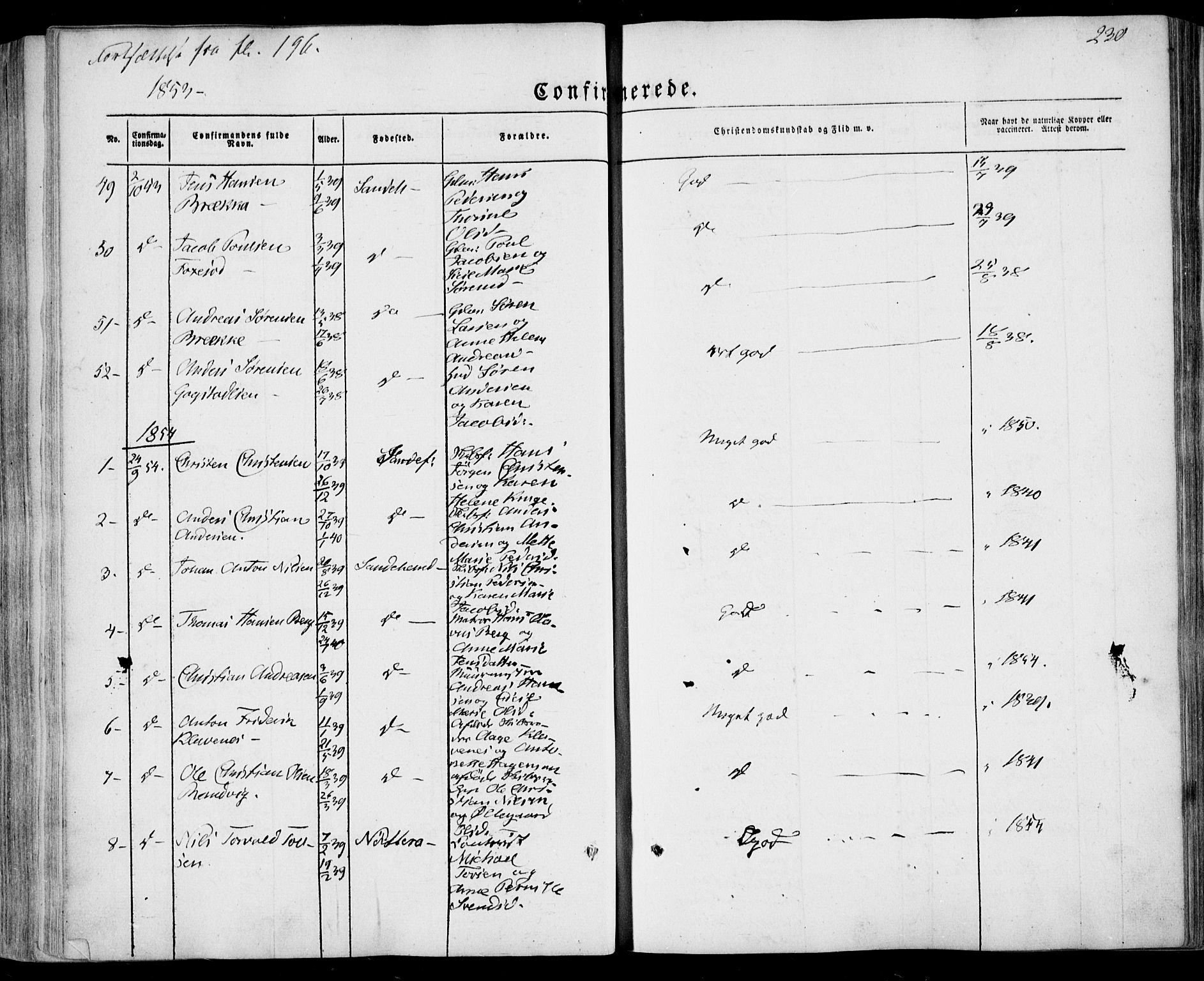 Sandar kirkebøker, SAKO/A-243/F/Fa/L0006: Parish register (official) no. 6, 1847-1860, p. 230
