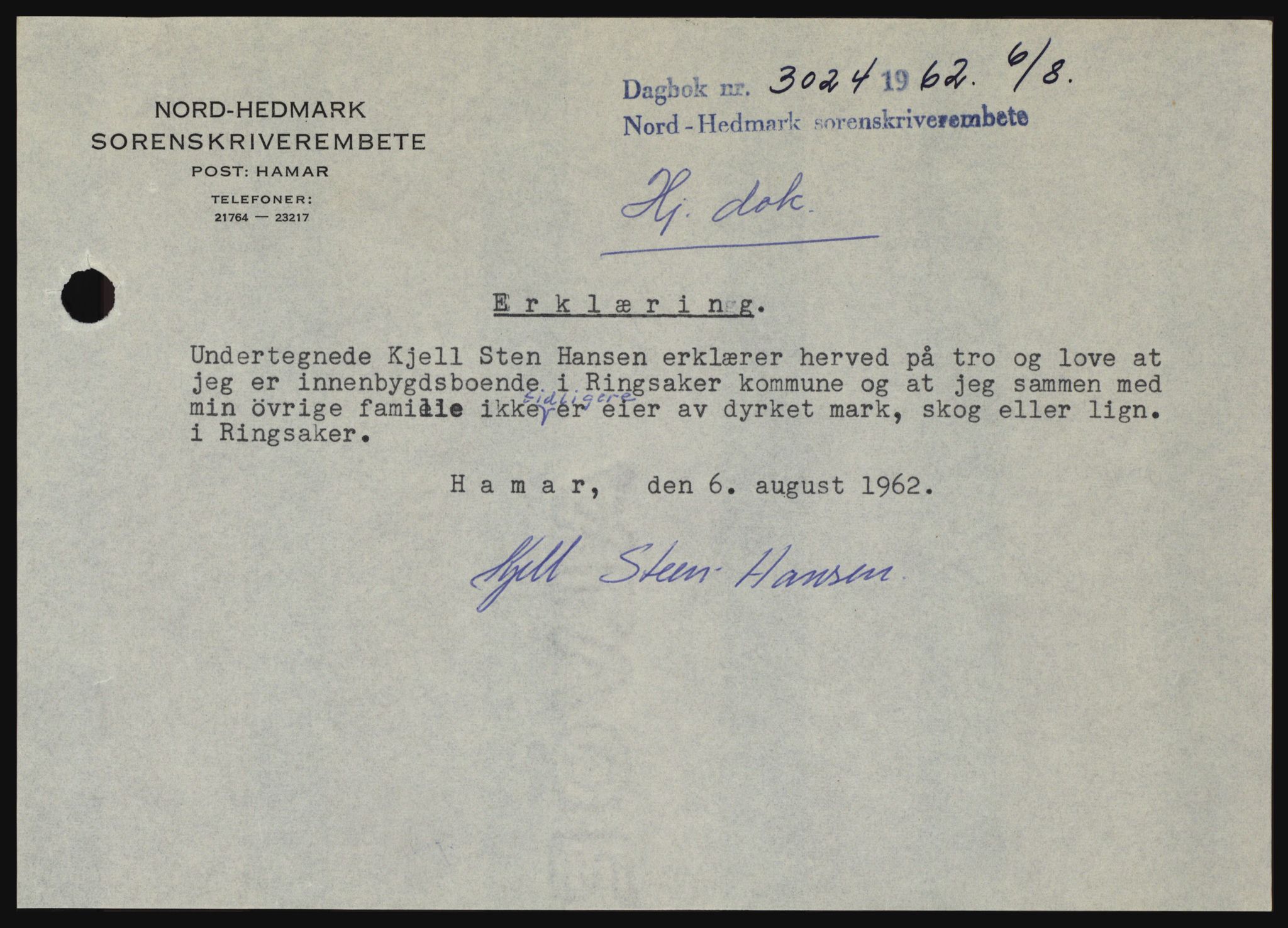 Nord-Hedmark sorenskriveri, AV/SAH-TING-012/H/Hc/L0016: Mortgage book no. 16, 1962-1962, Diary no: : 3024/1962