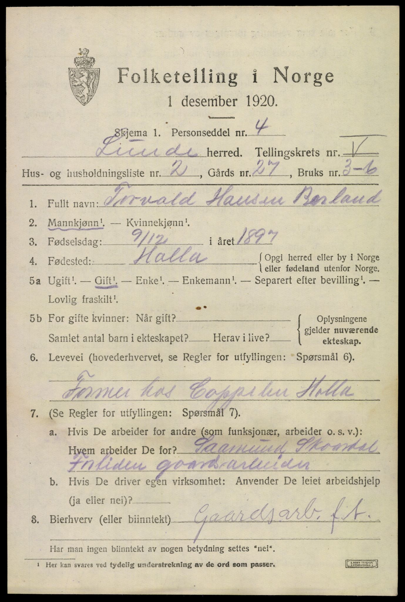 SAKO, 1920 census for Lunde, 1920, p. 3423