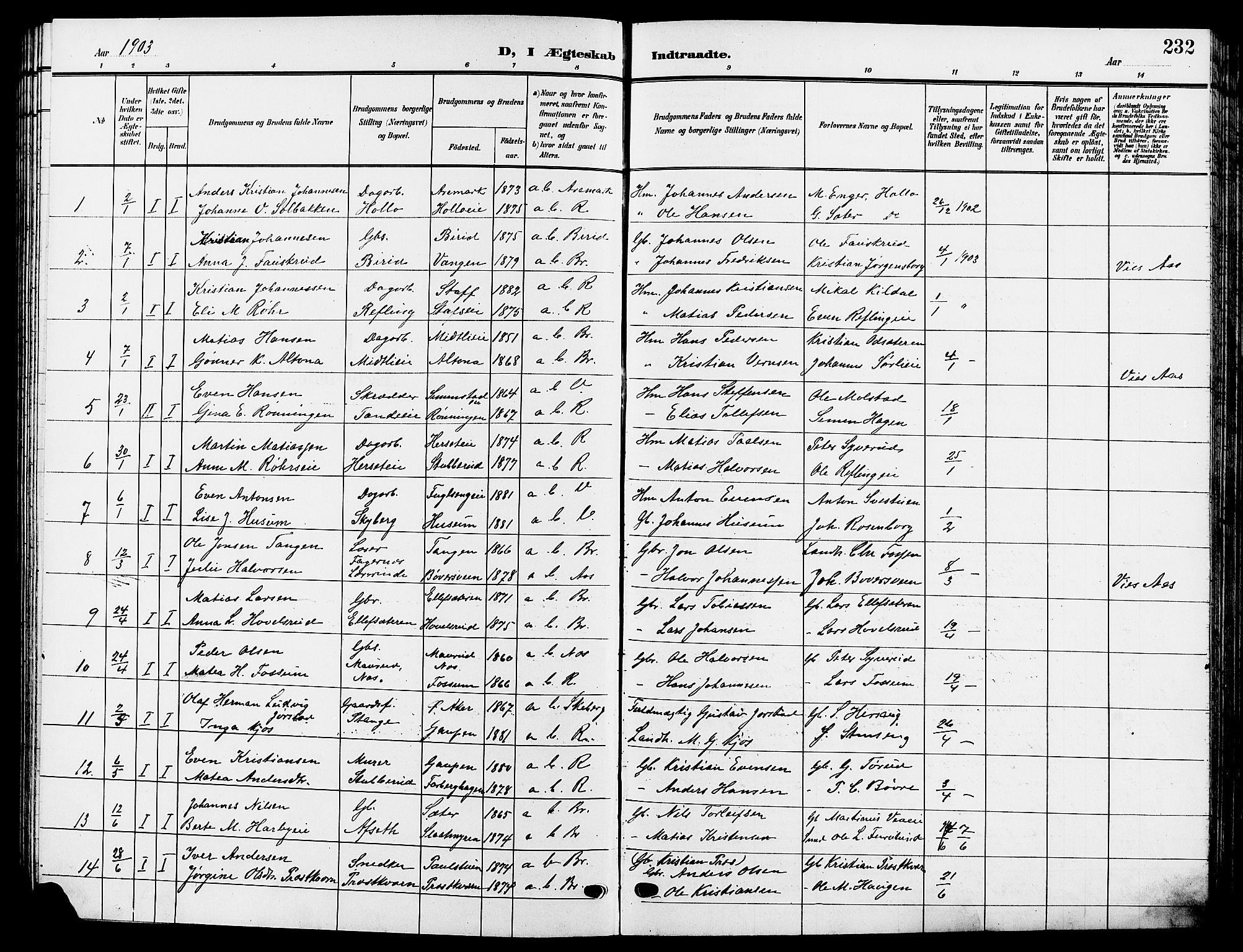 Ringsaker prestekontor, SAH/PREST-014/L/La/L0015: Parish register (copy) no. 15, 1903-1912, p. 232