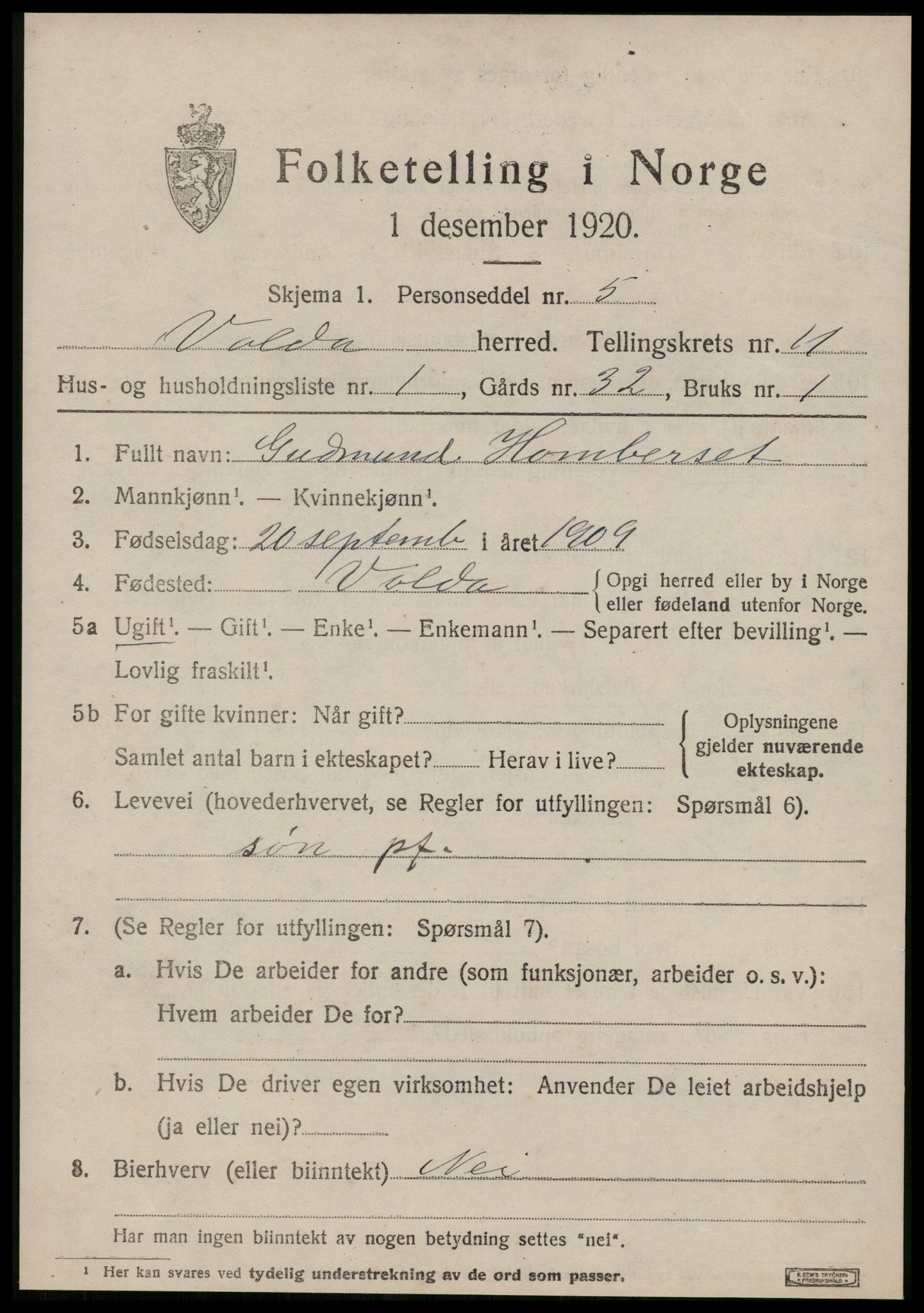 SAT, 1920 census for Volda, 1920, p. 7928