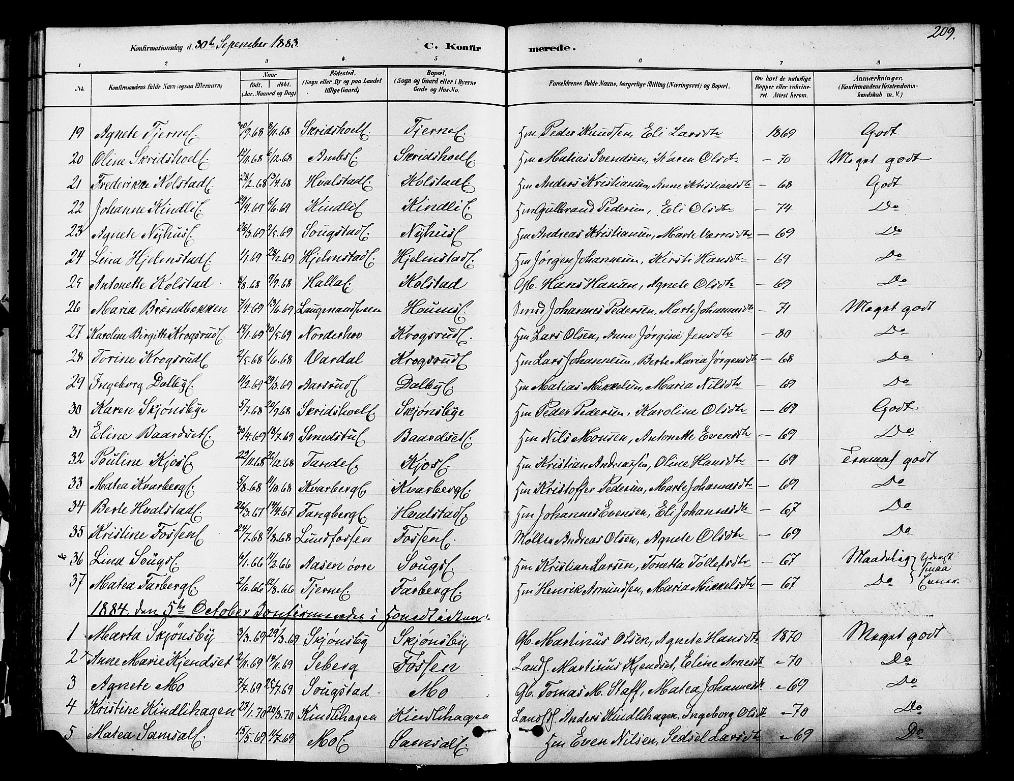 Ringsaker prestekontor, SAH/PREST-014/K/Ka/L0012: Parish register (official) no. 12, 1879-1890, p. 209