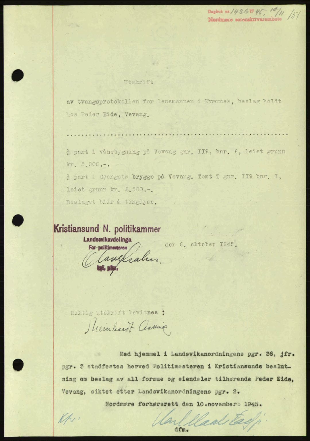 Nordmøre sorenskriveri, AV/SAT-A-4132/1/2/2Ca: Mortgage book no. B93a, 1945-1945, Diary no: : 1436/1945