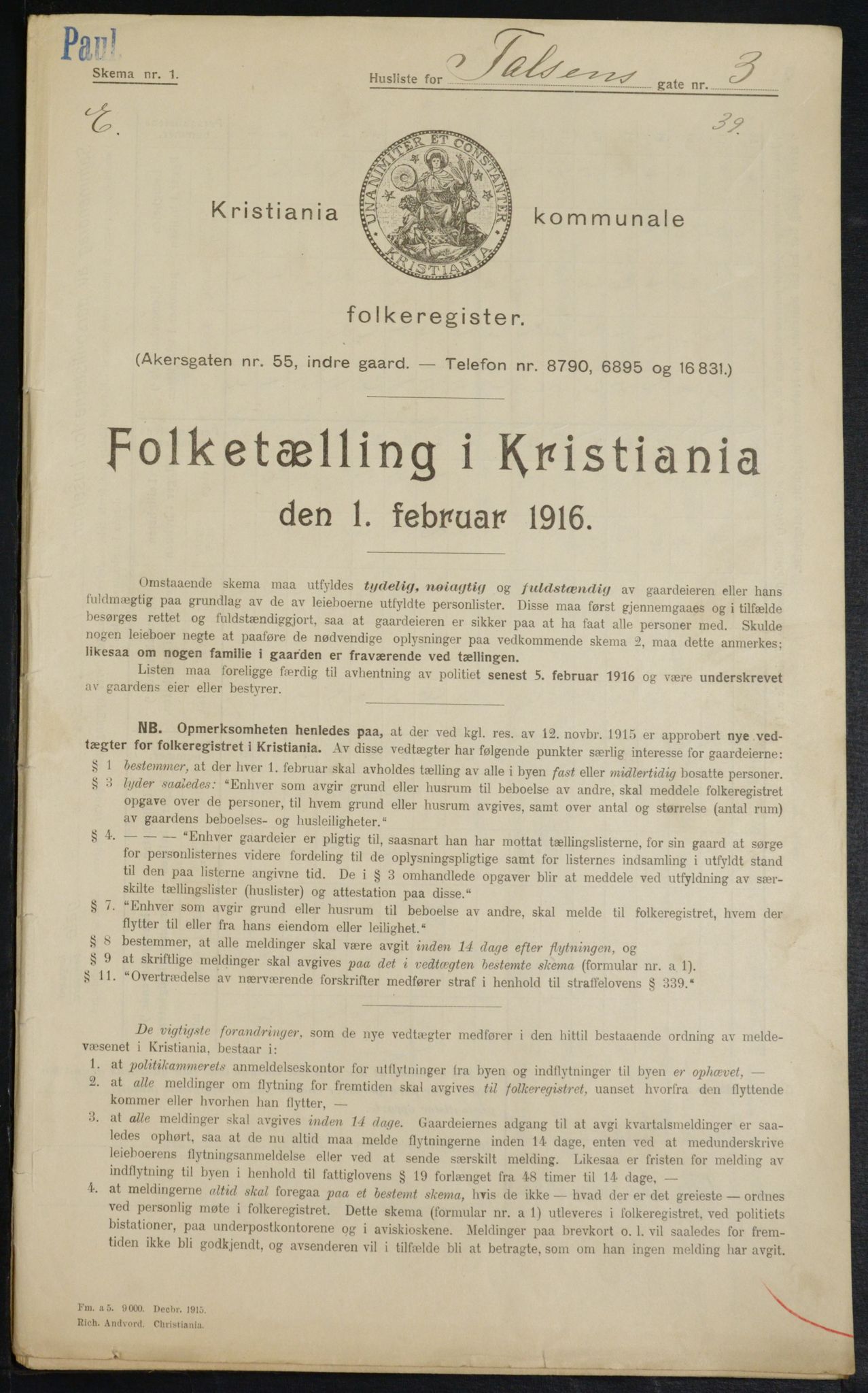 OBA, Municipal Census 1916 for Kristiania, 1916, p. 23654