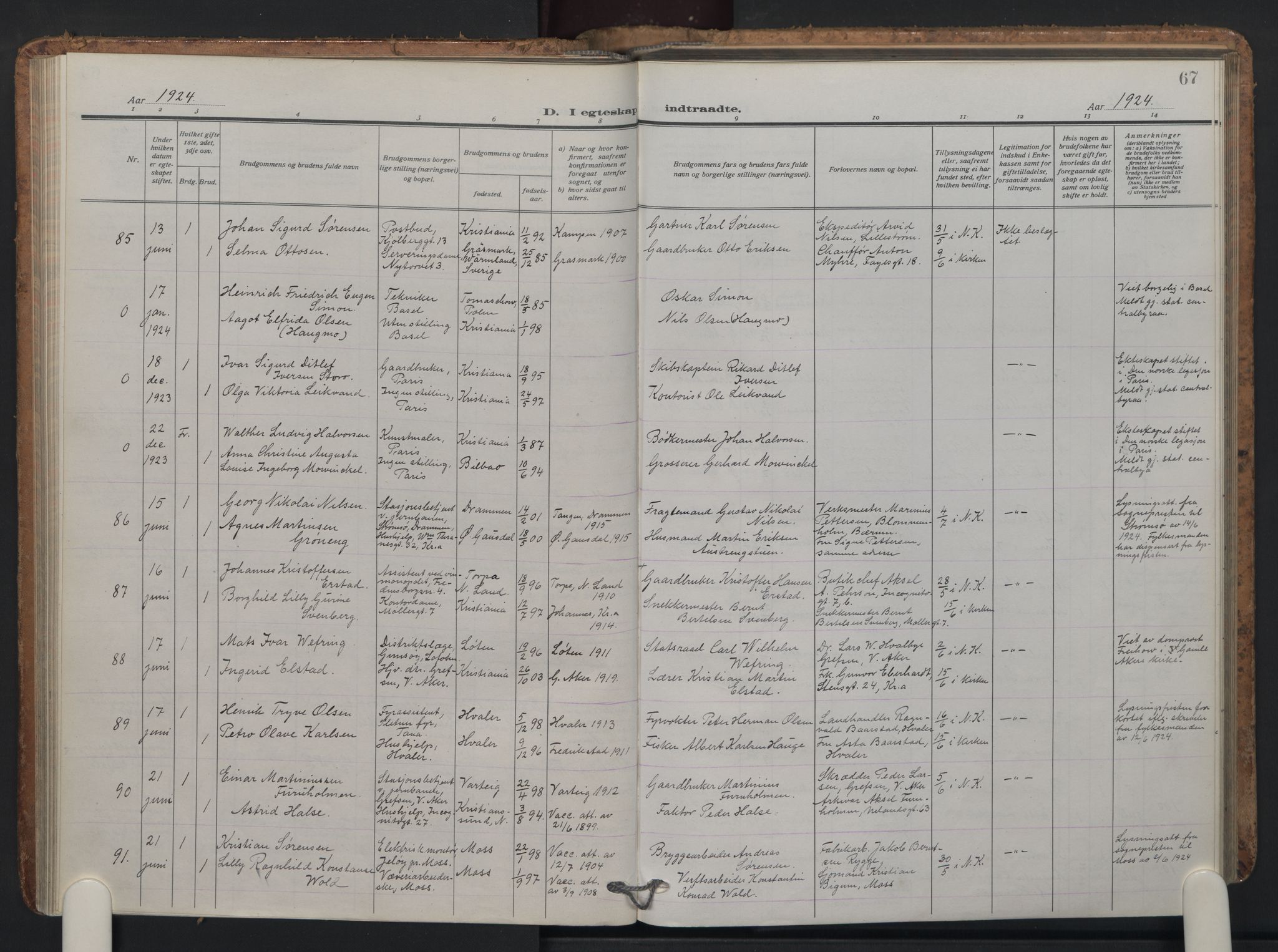 Oslo domkirke Kirkebøker, AV/SAO-A-10752/F/Fa/L0040: Parish register (official) no. 40, 1921-1932, p. 67