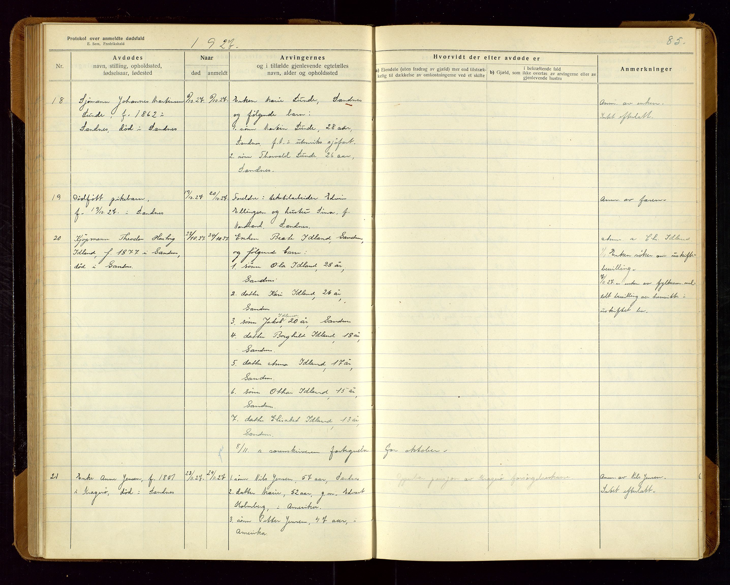Sandnes lensmannskontor, SAST/A-100167/Gga/L0001: "Protokol over anmeldte dødsfald" m/register, 1918-1940, p. 85