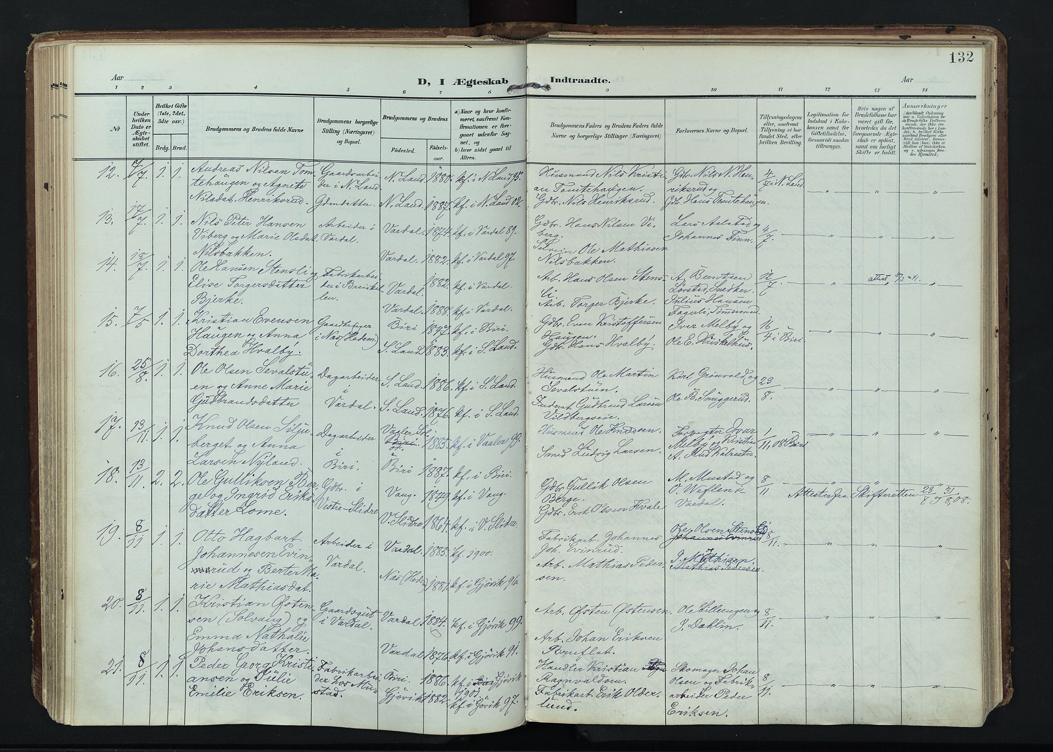 Vardal prestekontor, SAH/PREST-100/H/Ha/Haa/L0020: Parish register (official) no. 20, 1907-1921, p. 132
