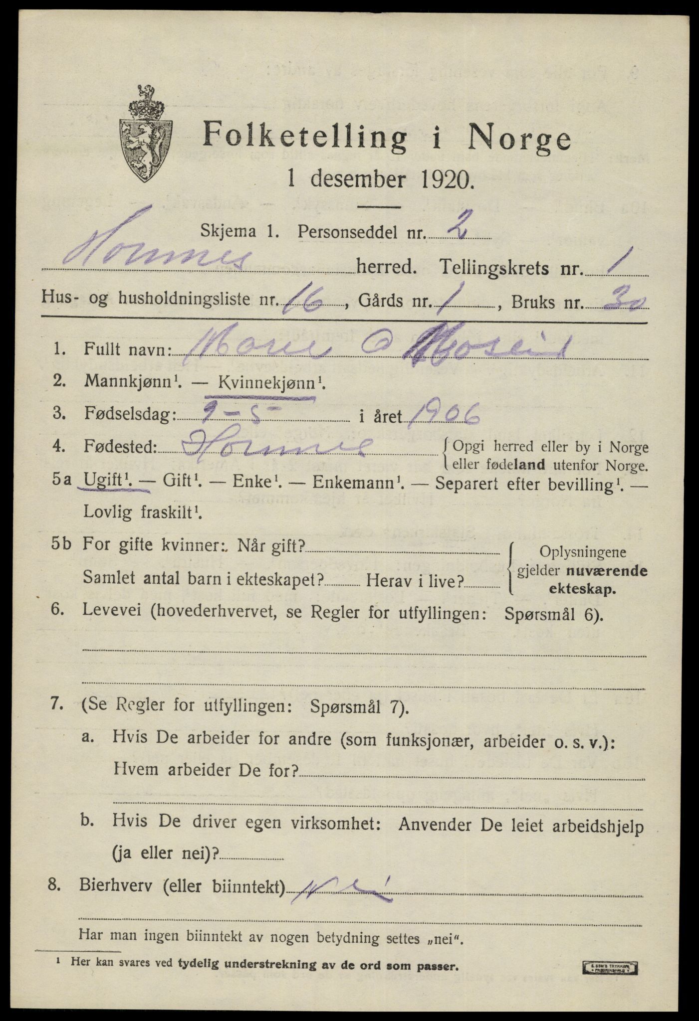 SAK, 1920 census for Hornnes, 1920, p. 689