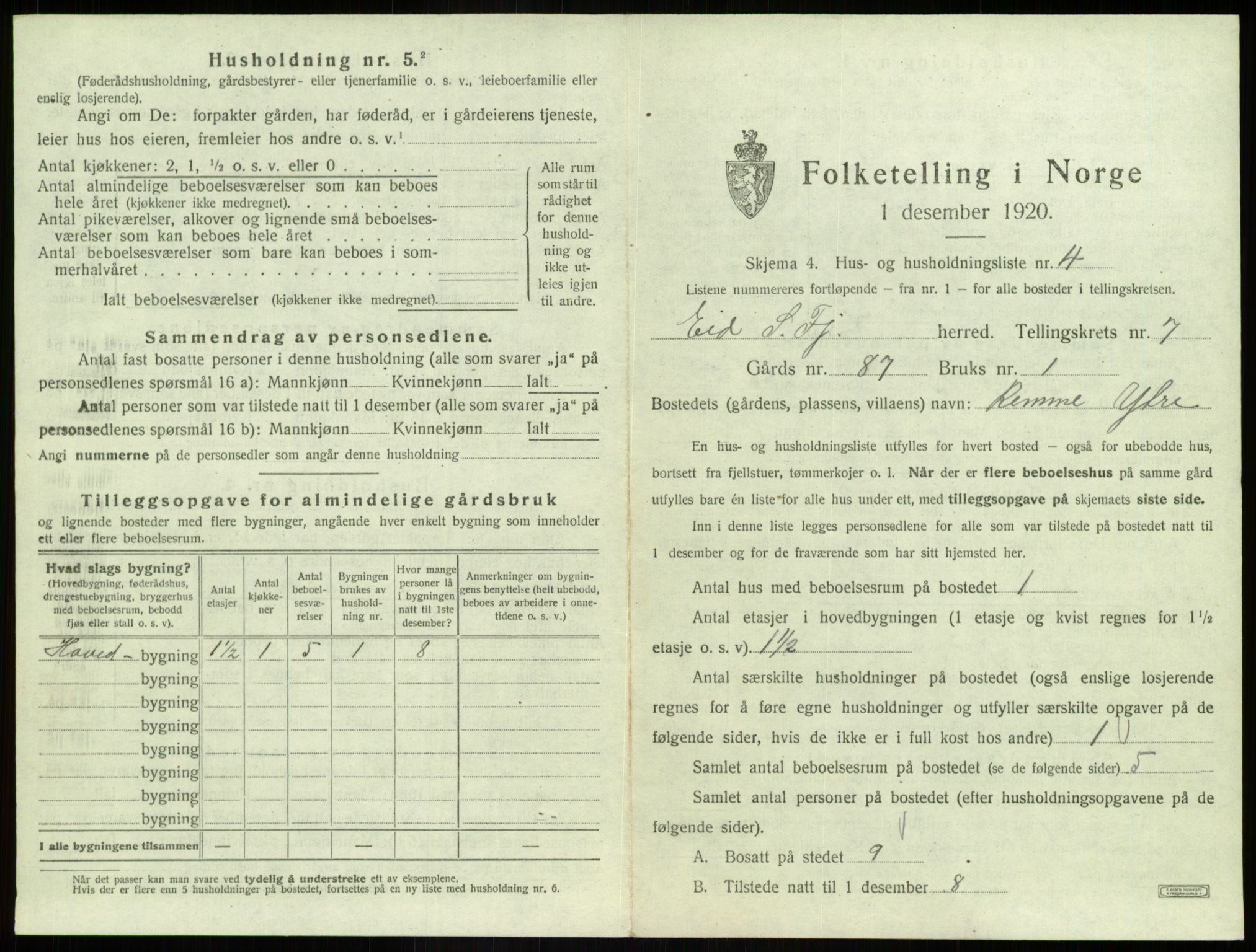 SAB, 1920 census for Eid, 1920, p. 429