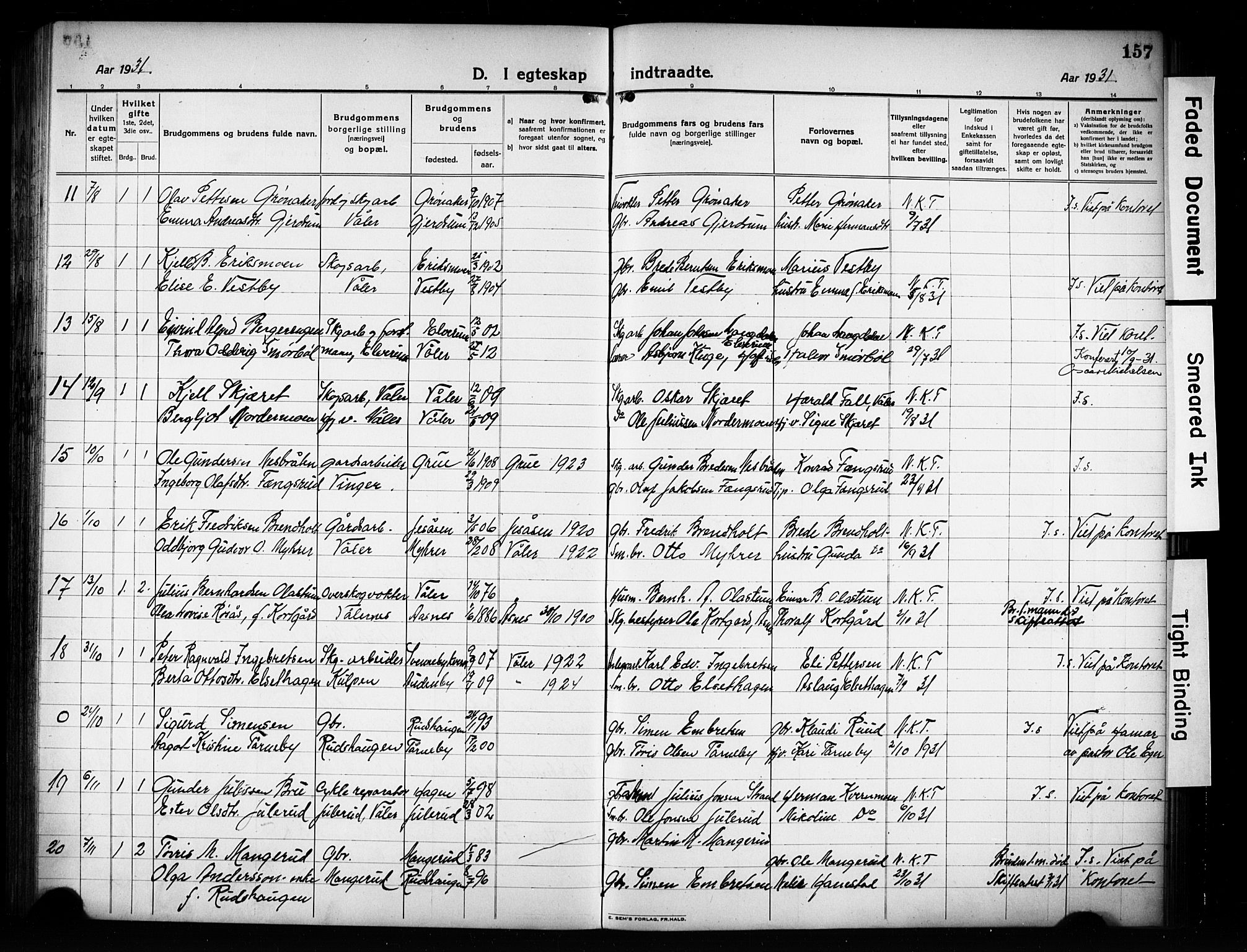 Våler prestekontor, Hedmark, AV/SAH-PREST-040/H/Ha/Hab/L0004: Parish register (copy) no. 4, 1922-1931, p. 157